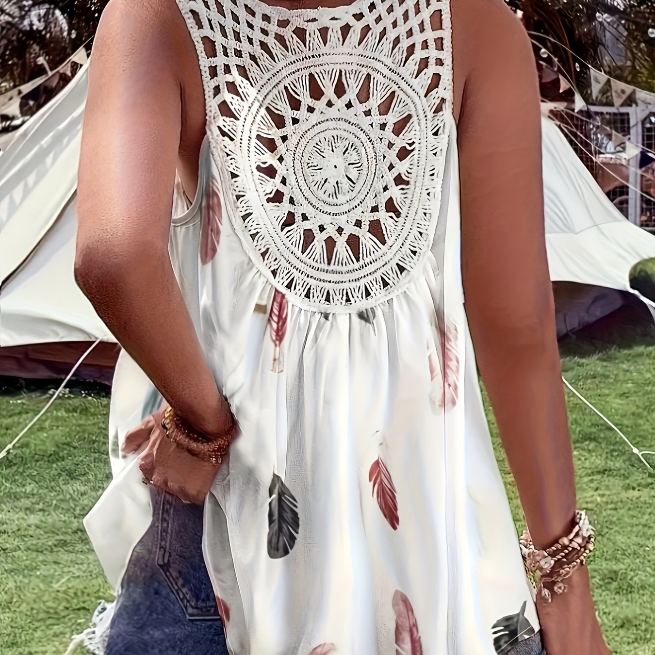 Image of Hot Extended Elegant V-neck Top Silhouette Print Vacation Lace Hollow Out Ruched Women's Sleeveless Top