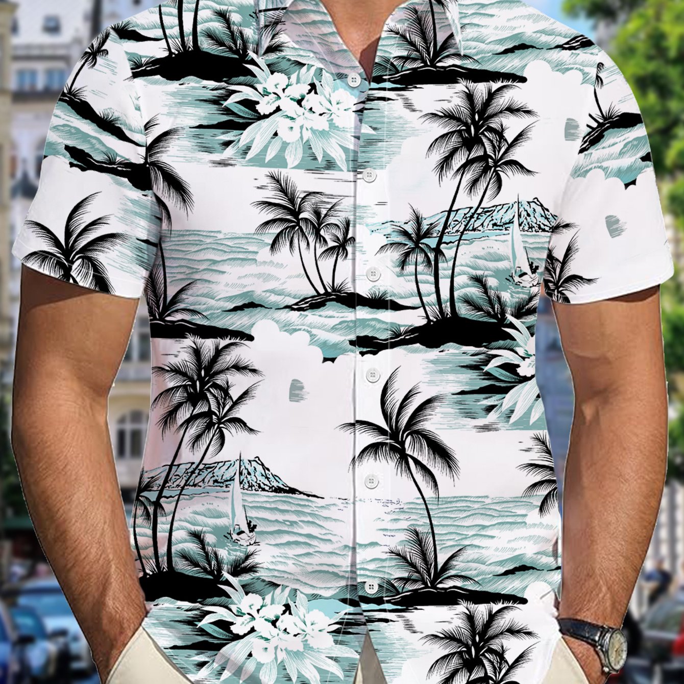 TEMU Men's Summer Coconut Tree Seaside Scenery Print Short Sleeve Shirt, Beach Trendy Casual Shirt