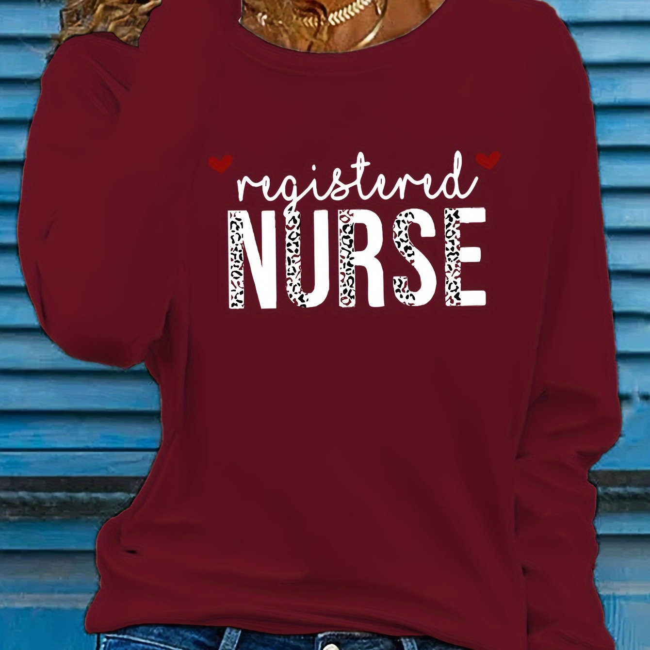 TEMU Nurse Print T-shirt, Long Sleeve Crew Neck Casual Top For Spring & Fall, Women's Clothing