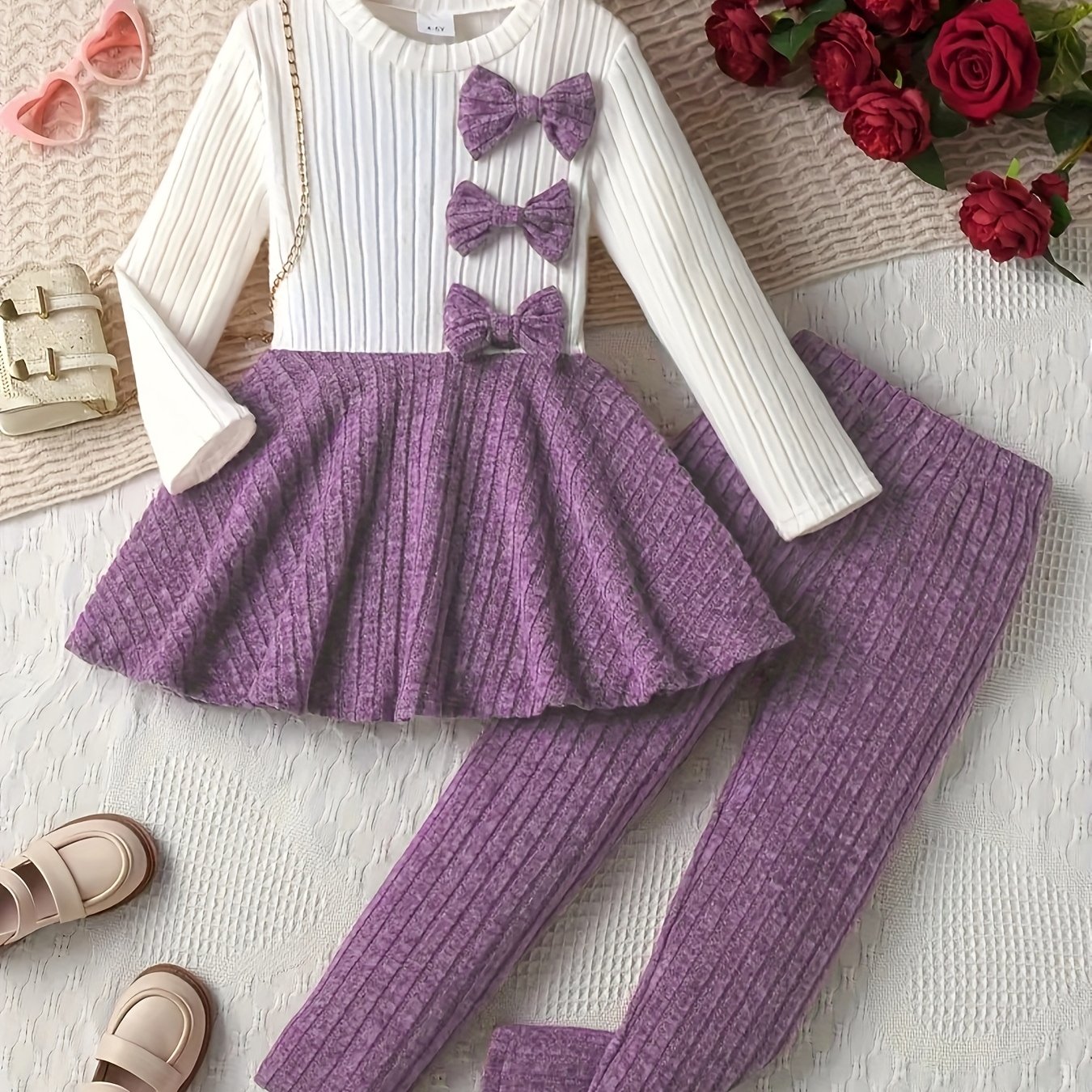 TEMU Set Of 2 Girls' Adorable Knit Outfits Featuring A Soft Long-sleeve Sweater And Flared Leggings With Edges, In Red And Purple, Ideal For Spring