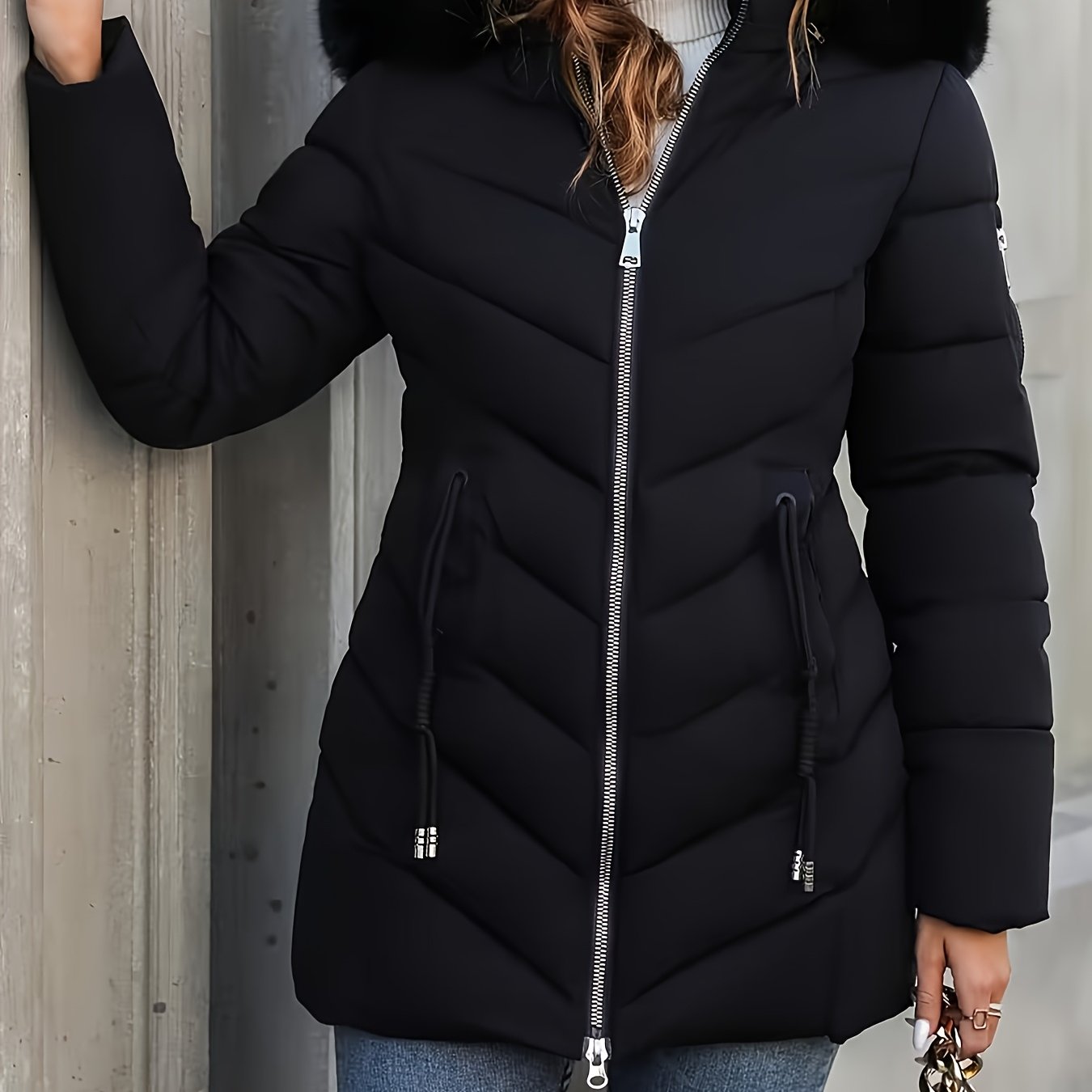TEMU 2026 Autumn/winter Women's Hooded Double-zipper Pocket Padded With Drawstring, Casual Solid Color, Mature Slim Fit Versatile Outerwear