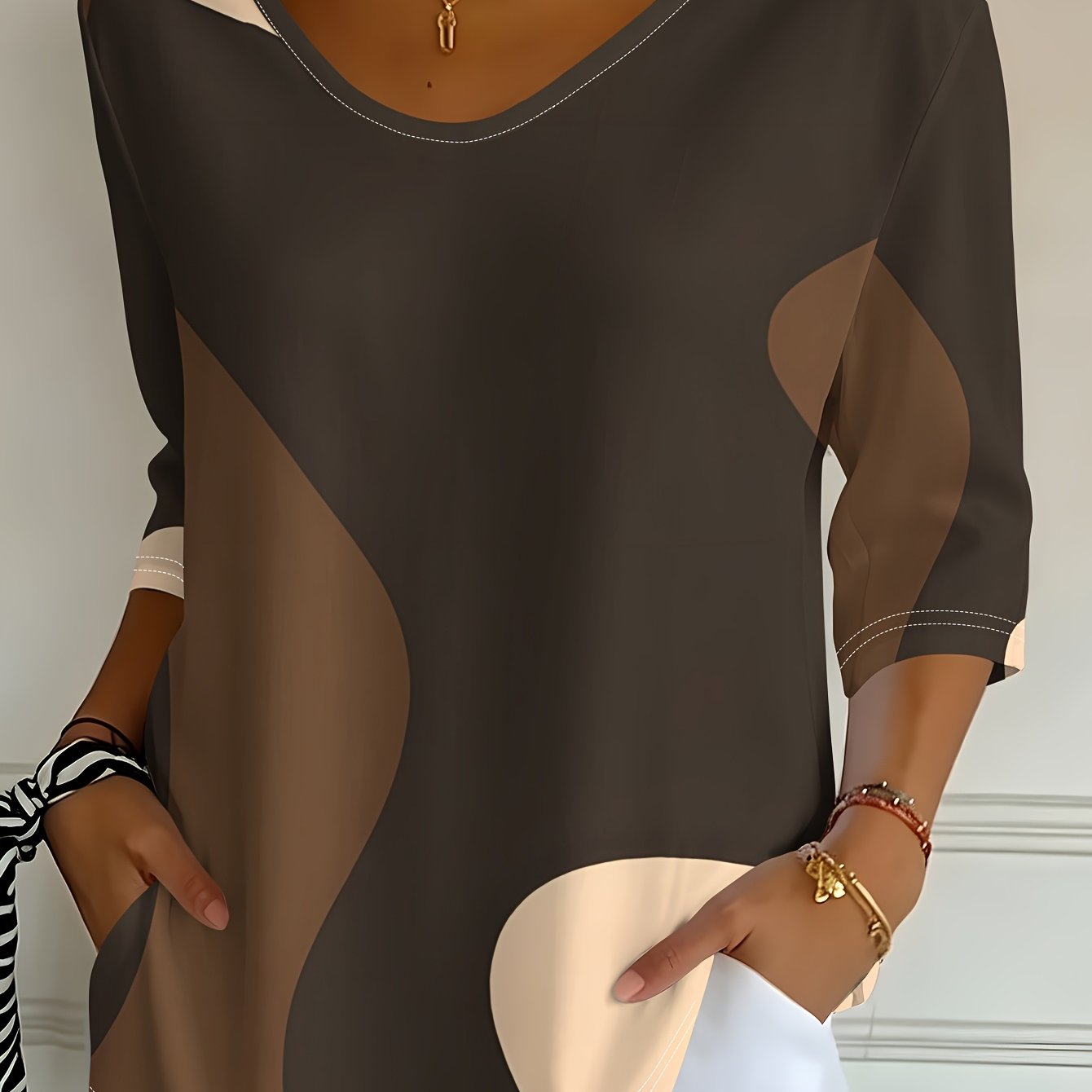 TEMU Summer Autumn Women's New T-shirt Contrast V-neck Three-quarter Sleeve Top