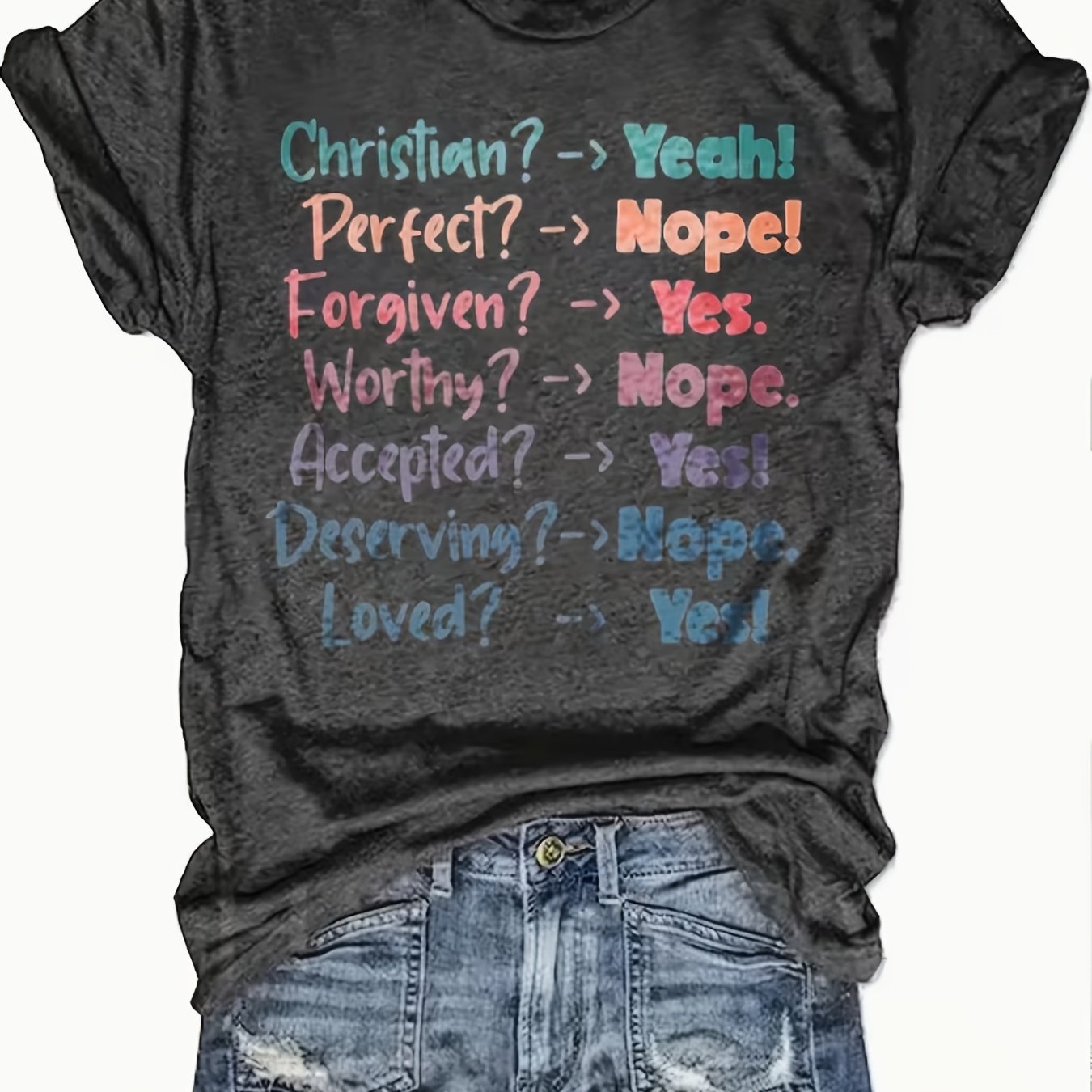 Plus Size, Women's Plus Size Christian T-shirt Suitable For Body Types - & Apparel With Scripture Print, Breathable Round Neck Short Sleeve Casual Church Wear, Machine Washable Spring Summer Outfits