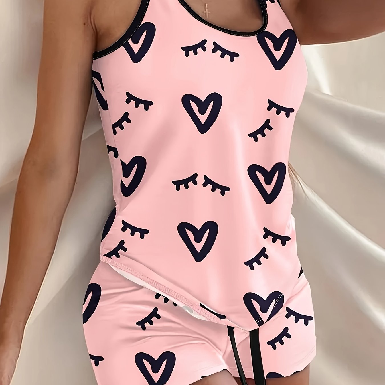 Image of 2pcs Women's Summer Slim-fit Loungewear Pajama Set, Heart Eyelash Print Tank Top, Elastic Waist Drawstring Shorts, Suitable For Home And Casual Daily