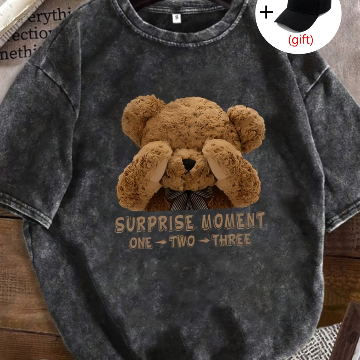 Image of Women's Vintage Teddy Bear Graphic T-shirt | Dark Grey Retro Tee With Surprise Moment Text, Soft Summer Casual Shirt, Machine Washable Everyday Top For Women
