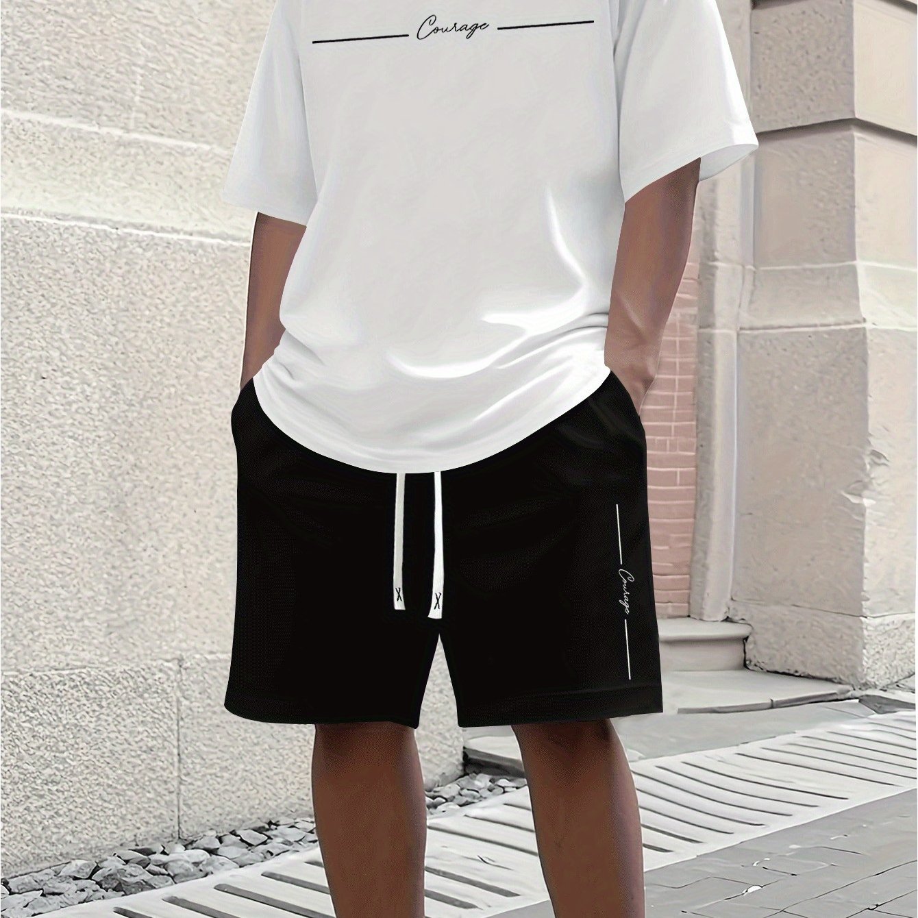TEMU Men's Casual Two-piece Set, Featuring A Round-neck Short-sleeve T-shirt And Drawstring Shorts With Pockets, Breathable And Soft Summer Outdoor