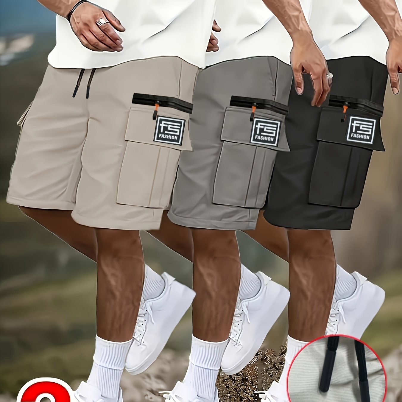 TEMU 3pcs Set Men's Casual Cargo Shorts, Mid-waist With Elastic Drawstring, Multi-functional Pockets And Unique Zipper Design, Suitable For Golf And
