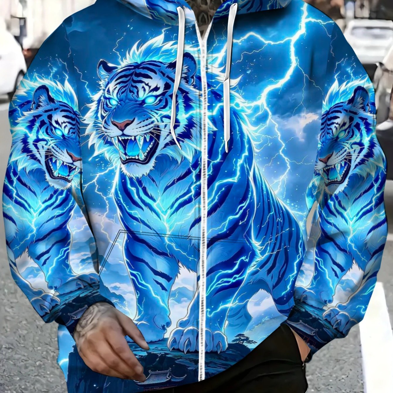TEMU [printed Design - Not Textured] Men's Polyester Tiger Print Hoodie For Casual Wear, Outdoor Street Style, Lightweight And , Vibrant Graphic For