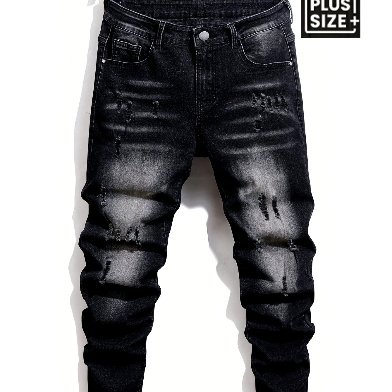 Image of Retro-style Jeans For Men In Plus Sizes, Featuring A Heavily Washed And Distressed Look, With A Mid-rise Slim Straight Fit. Made From Stretchable Fabric