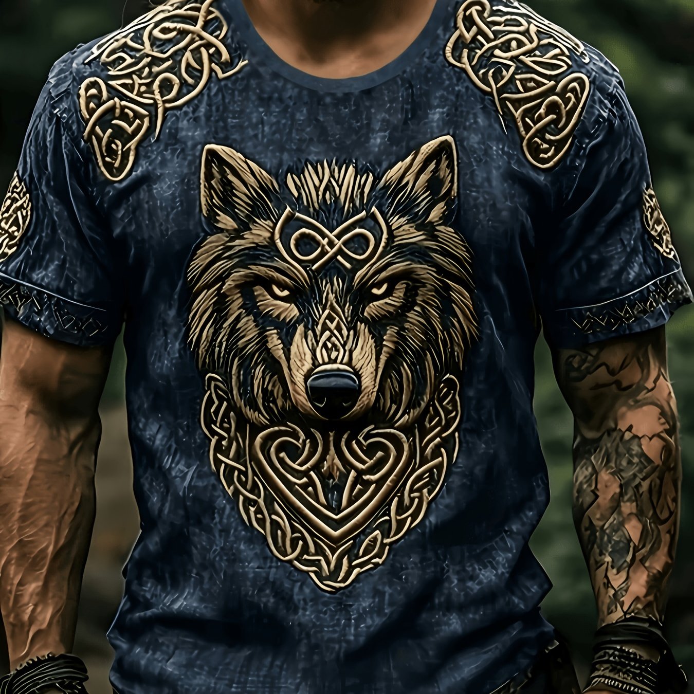 TEMU Printed Design - Not Textured Men's Casual Short Sleeve T-shirt, Viking Wolf Head Pattern With Retro Distressed Texture, Individual And