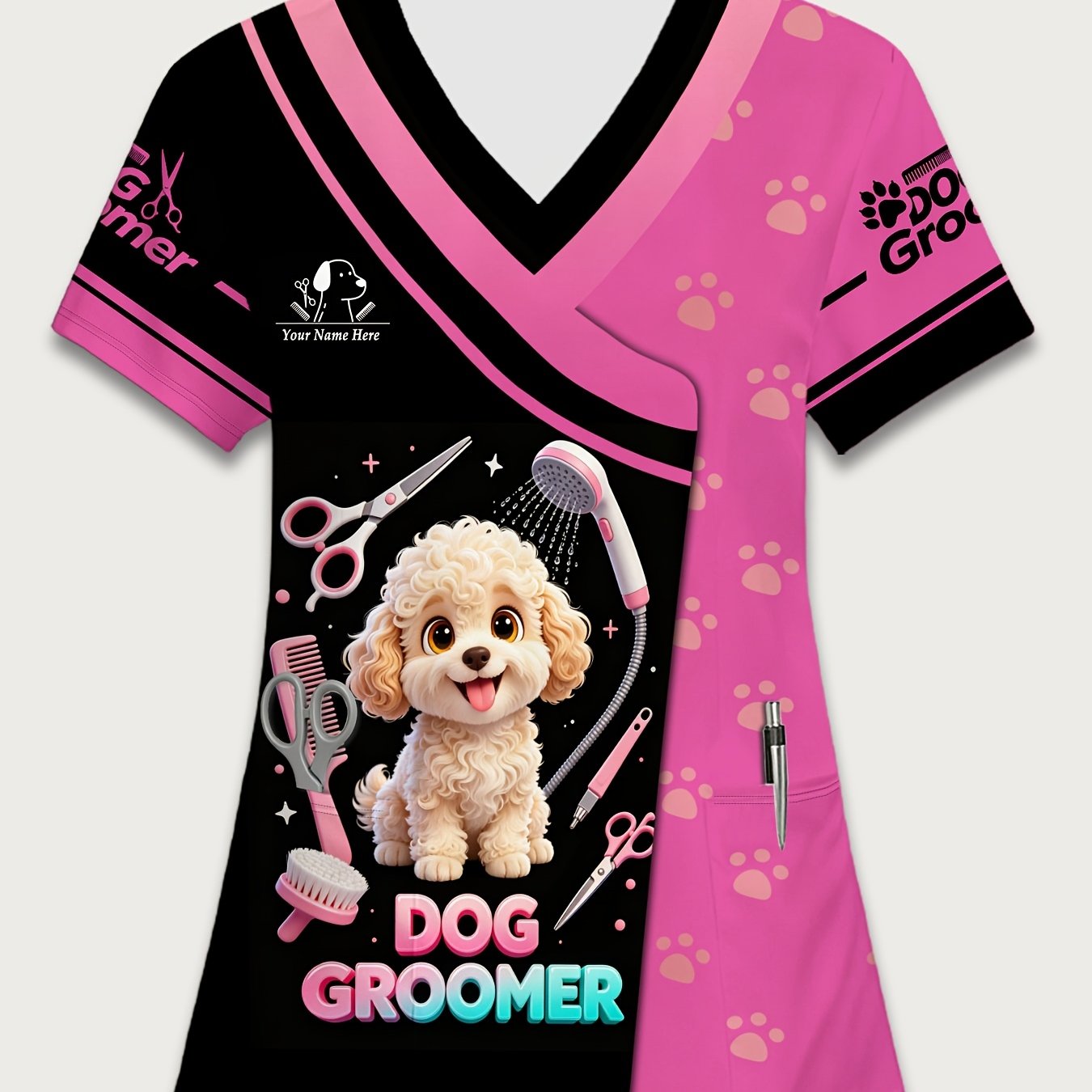 TEMU [Personnalisé] T-shirt personnalisé pour femmes avec nom, chemisier à manches courtes et col en V avec poche de rasoir, uniforme de travail,