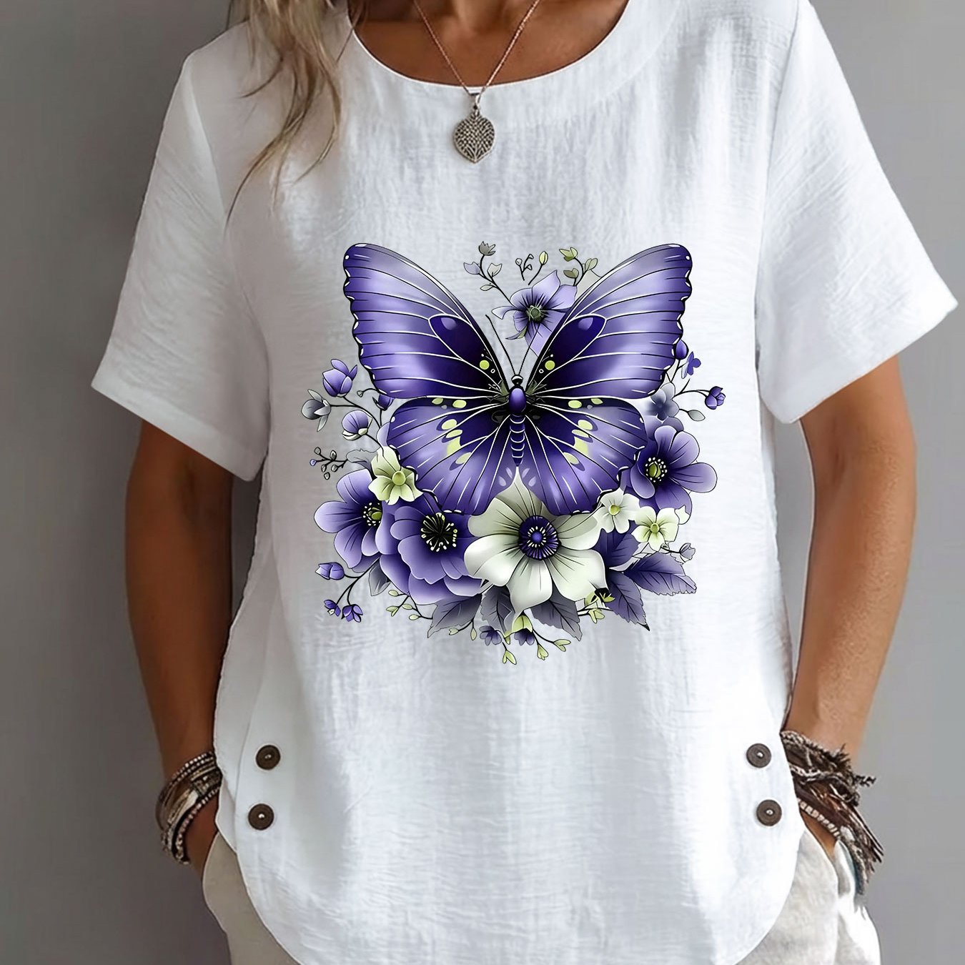 TEMU Spring/summer Women's Top, Style, And Floral Print, Elegant, Mature, Casual, Round Neck, Short Sleeve, Women's Clothing