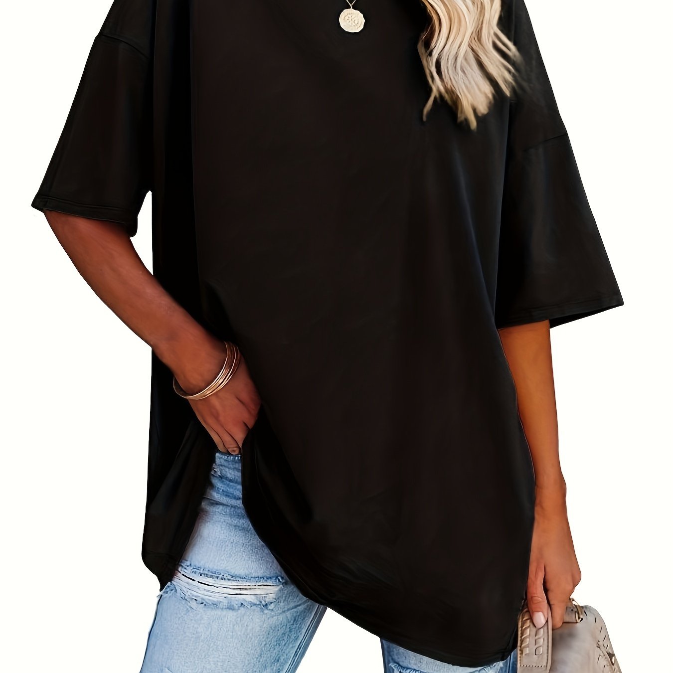 E-shop Neues locker geschnittenes langes Damen T-Shirt, einfarbig, lässiges T-Shirt, Basic-Style Top für Damen