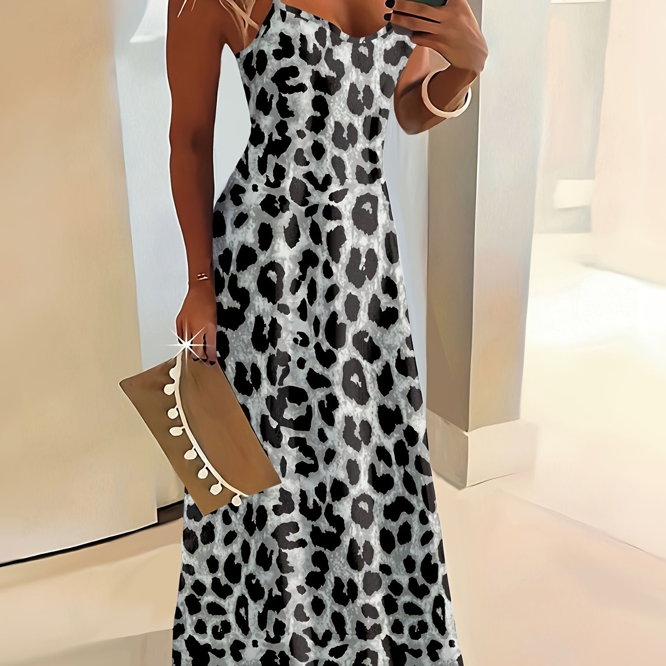 Vacation-style Leopard Print Design Round Neck Camisole Dress