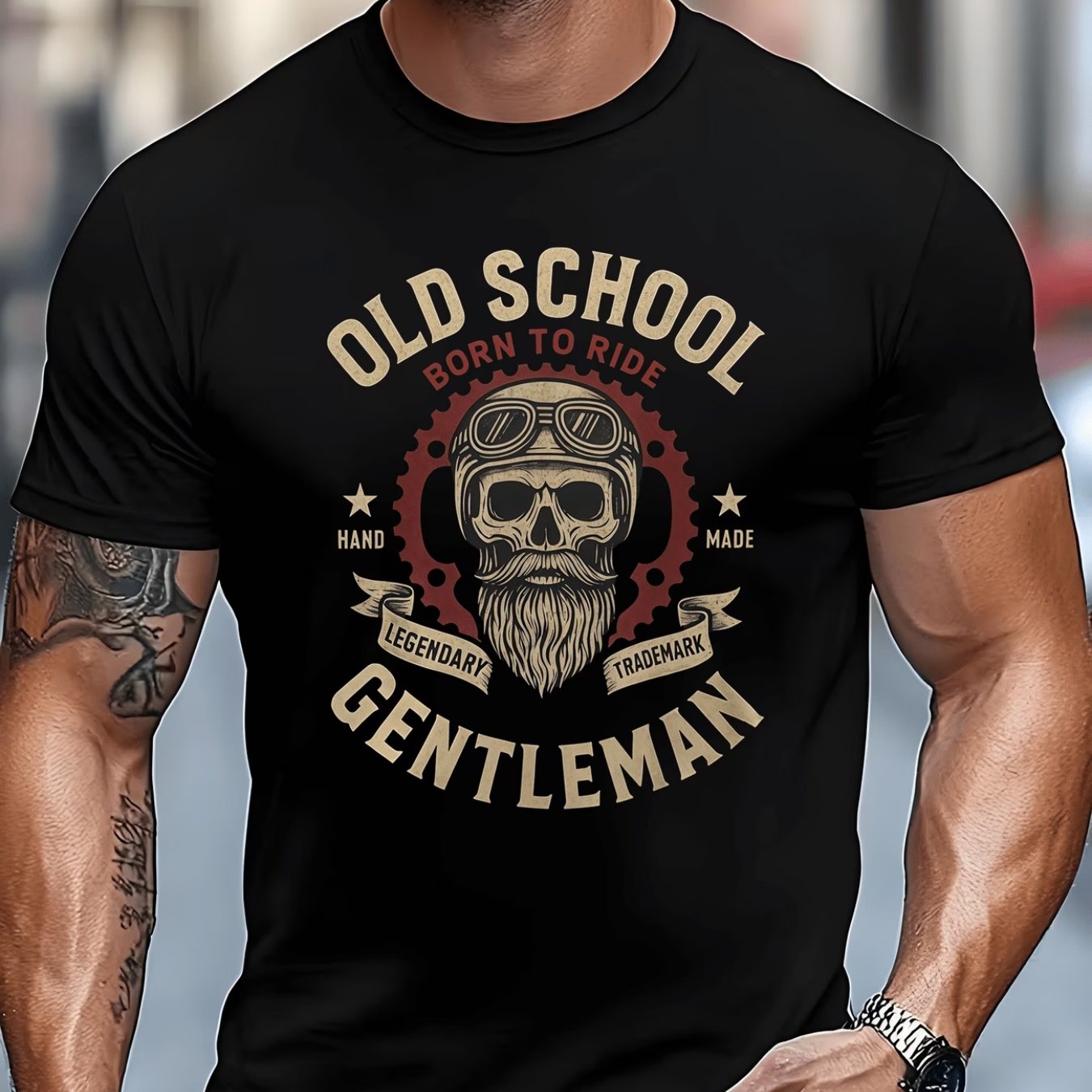 TEMU Motorcycle Themed Men's Retro Printed T-shirt, Back Skull And '' Pattern Round Neck Shirt, Casual And Versatile -shirt, Summer Fashion Outfit,