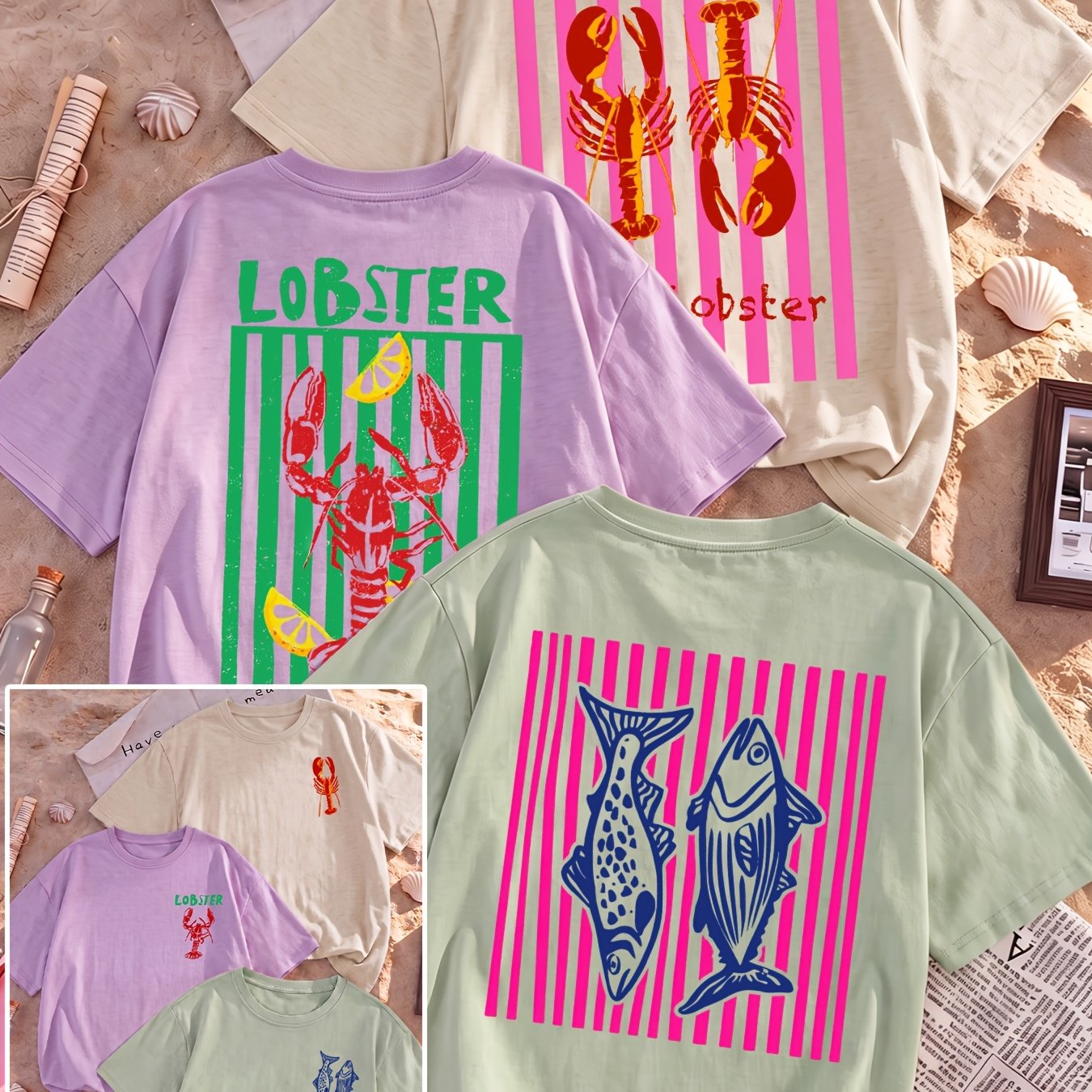 TEMU Women's Summer Loose T-shirt 3pcs Set, Retro Vertical Stripes Lobster And Fish Print Short Sleeve Combination, Seafood Pattern Back Print Round