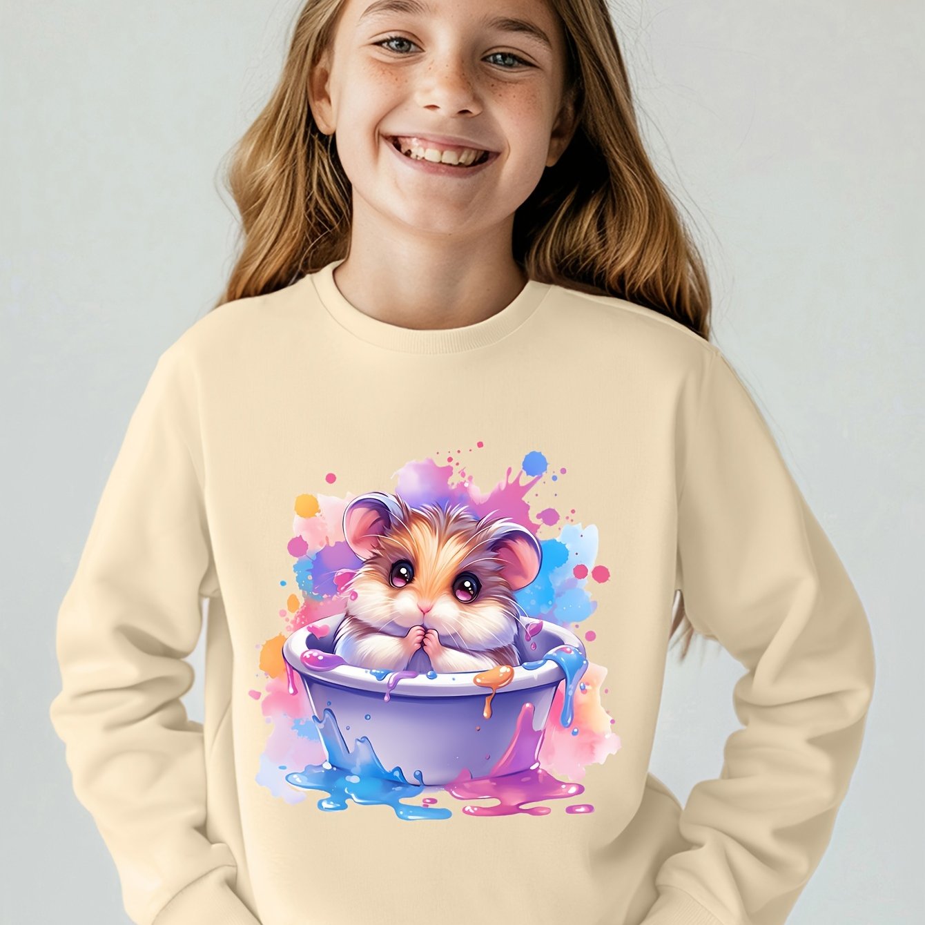 Image of Girls' Round Neck Sweatshirt, Creative Pattern Print Soft Comfortable Pullover, Autumn Winter Top