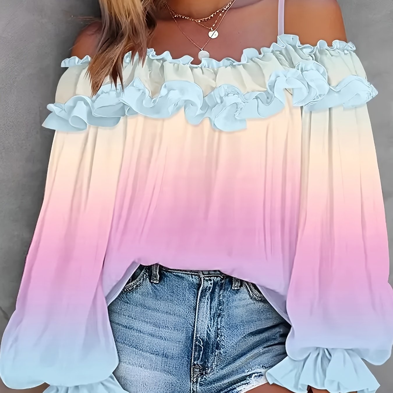 TEMU Ombre Casual Spaghetti Strap Long-sleeve Blouse, Fashionable Casual Off-shoulder Long-sleeve Shirt, Women's Clothing
