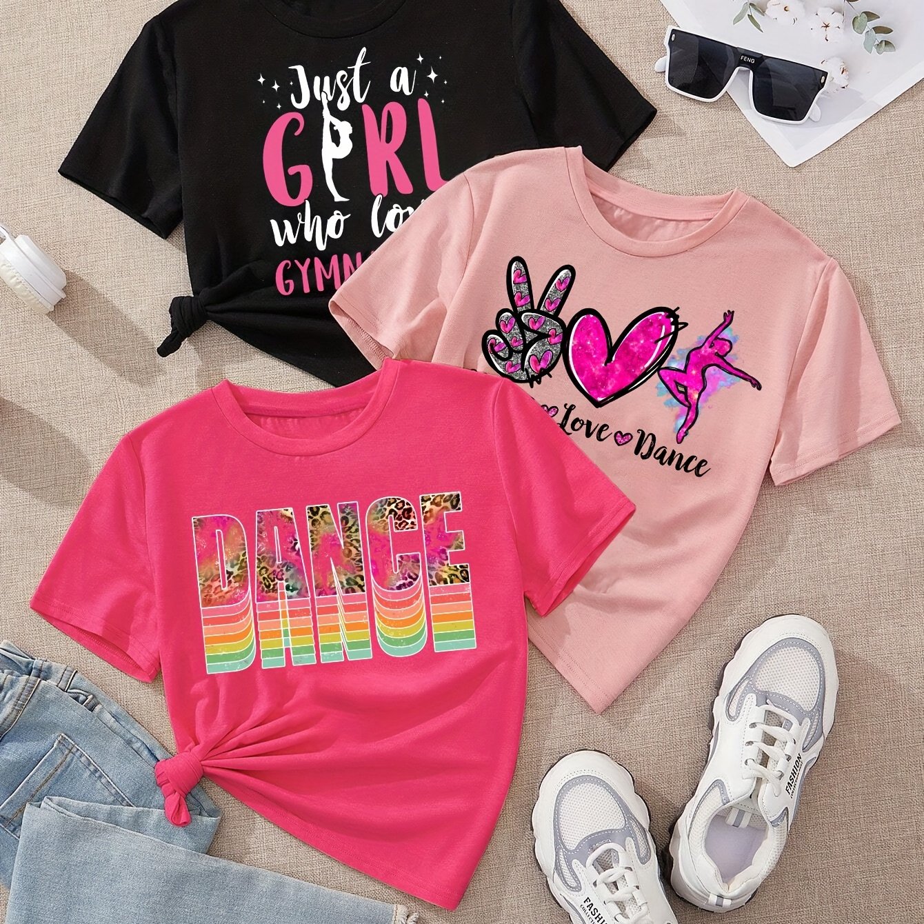 Image of 3pcs Girls' Summer Short-sleeve T-shirts, "girl Dance" Series Print, Simple And Versatile Casual Tops
