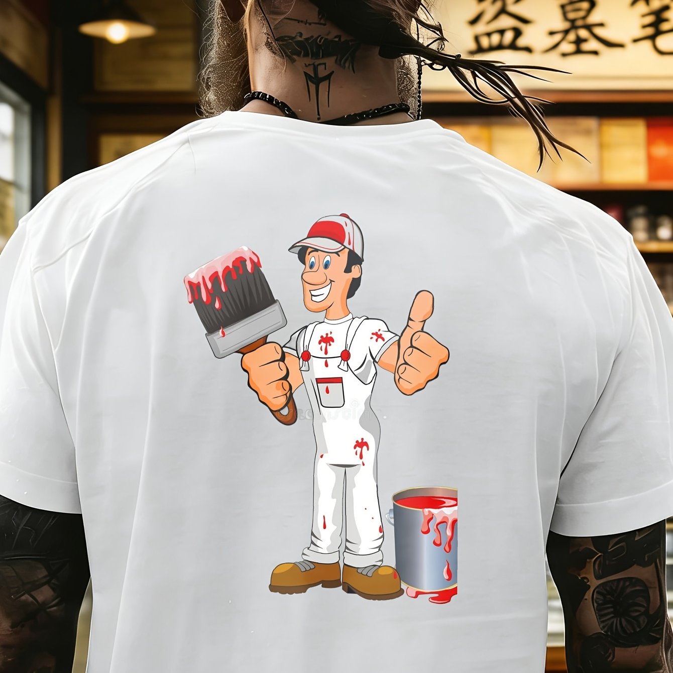 Image of Men's T-shirt With Thumbs Up Painter Graphic - White Casual Round Neck Shirt Suitable For Casual Wear & Fun Outfits, Machine Washable, , Thumbs Up & Paint For Casual Attire And Themed Events