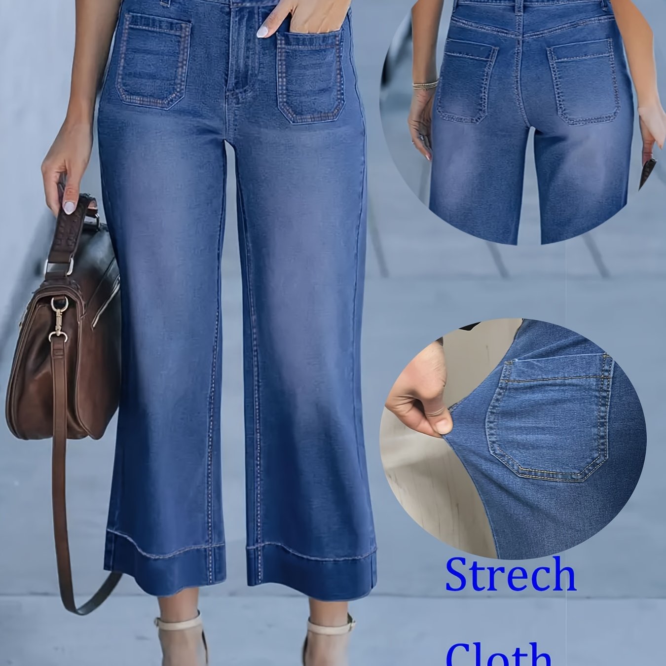 New Women's Straight-leg Stretch High-waist Blue Loose Solid Wide-leg Ankle Pants