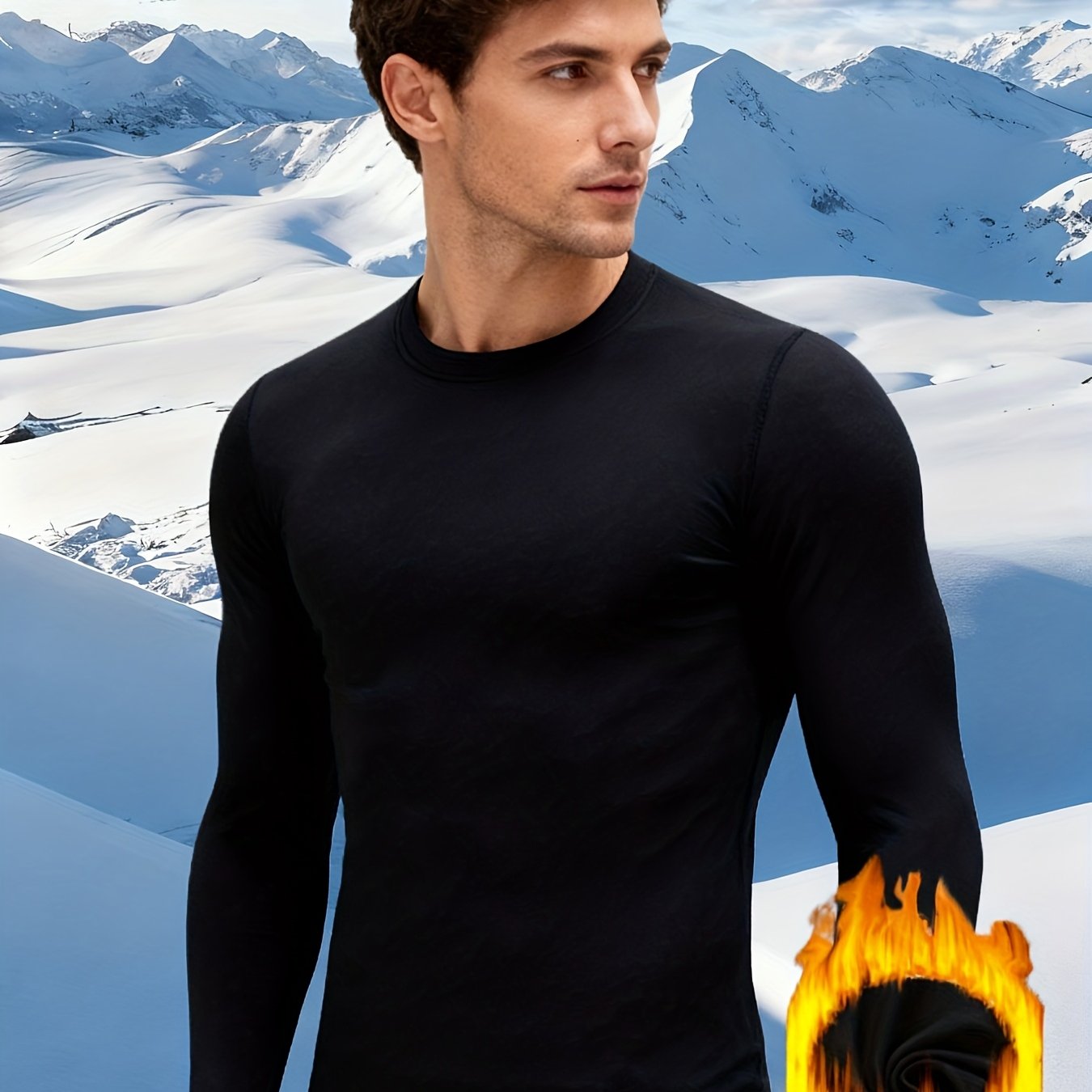 TEMU Men'-piece Regular Shoulder Long-sleeve Thermal Underwear Shirt, Home Casual Top, Solid Color, Suitable For Cold Weather, Crew Neck Base Layer,