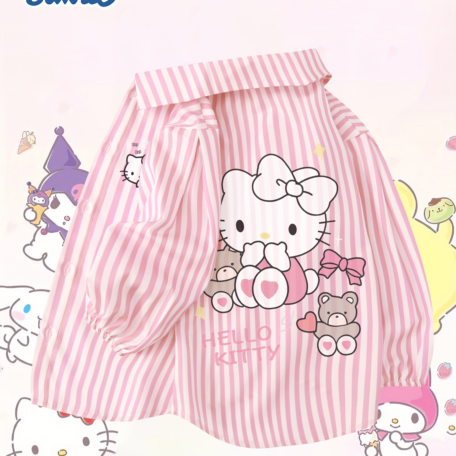 Image of Spring Autumn Versatile Long-sleeve Girls' Shirt, Classic Design, Cartoon Patterns On Front And Back, Color-block Stripes , Unisex Clothing, Suitable For Boys And Girls, Ideal For Teenagers, Birthday