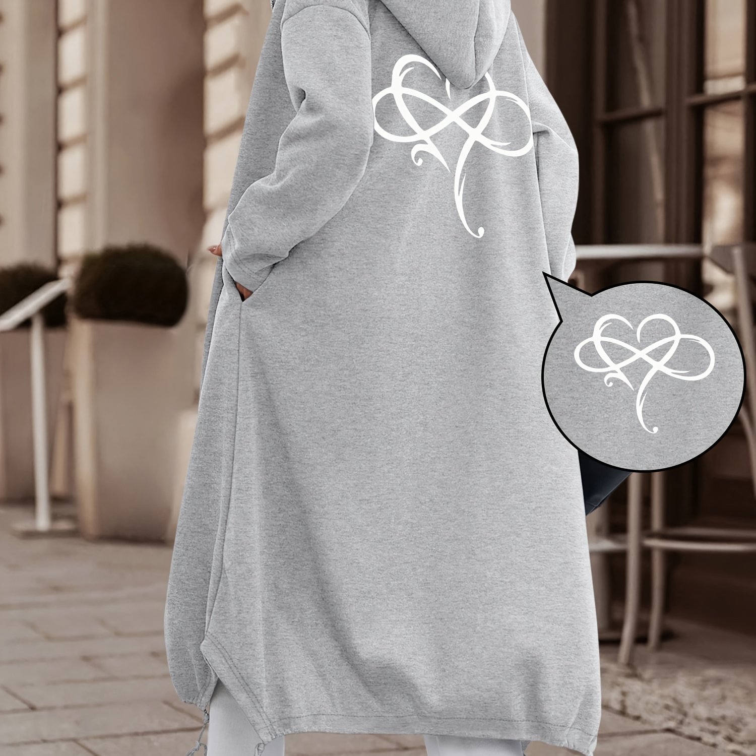 TEMU Women's Casual Fashion Long Hooded Jacket With Front And Back Print, White Line Style Pattern, Comfortable And Versatile For Daily And Multiple