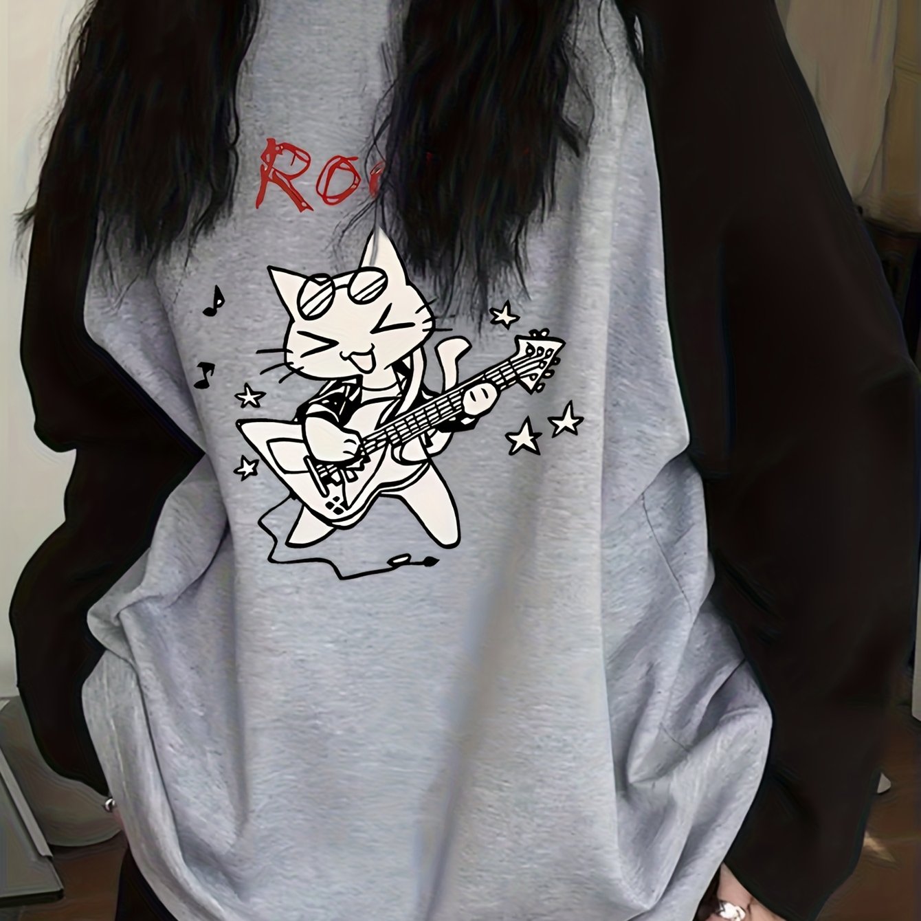 TEMU Korean Style Cat Raglan Sleeve Long Sleeve T-shirt For Women, Loose Fit Rock Print Base Layer Top In /gray Contrast Raglan Sleeve Long Sleeve