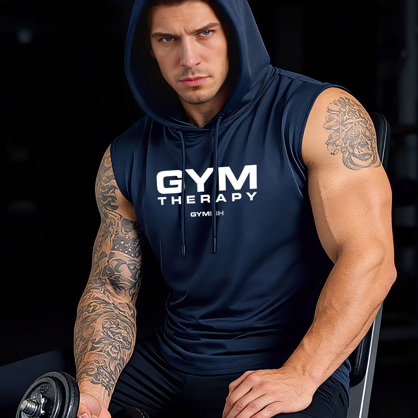 TEMU Gym Relax Men's Hooded Sleeveless Tank Top With Barbell & Weightlifting Graphic Print - Breathable Gym Shirt Suitable For Training, Workout