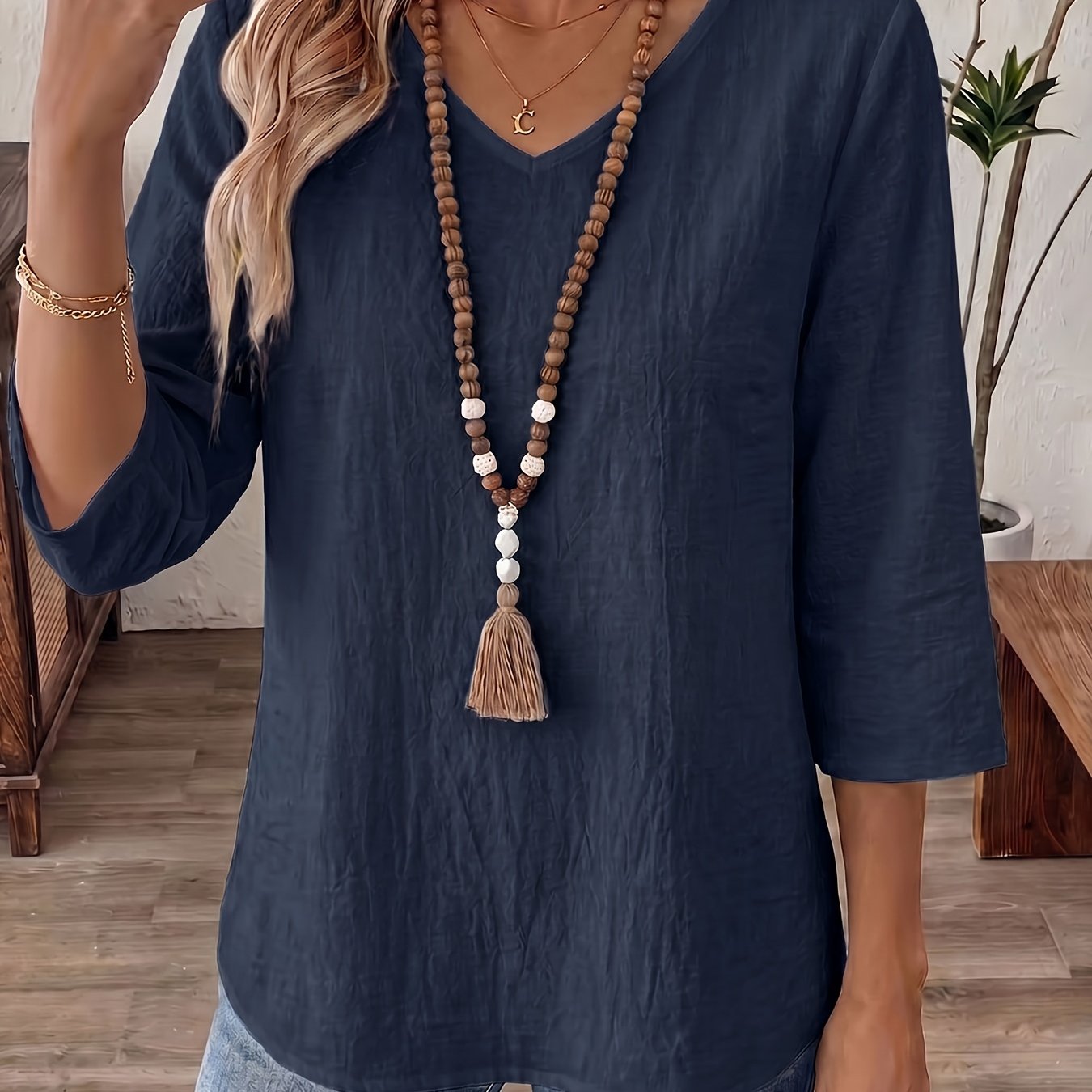 TEMU Solid Color Qf Women's New Style Top, Spring Summer Autumn Casual Simple Breathable Comfortable Top, Women'-quarter Sleeve V-neck Top
