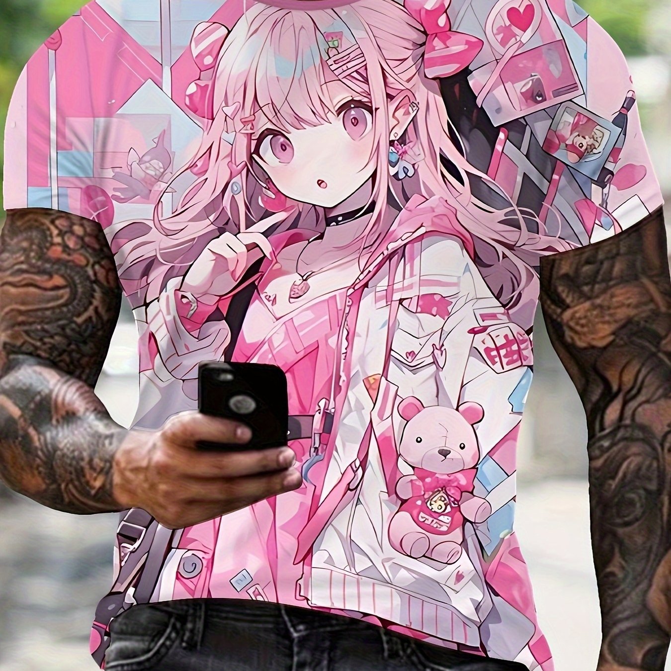 TEMU Men's T-shirt With Anime Girl Print [print Design - No Texture], 1pc Item, Round Neck , Regular Modeling Scheme Suitable For , Lightweight And