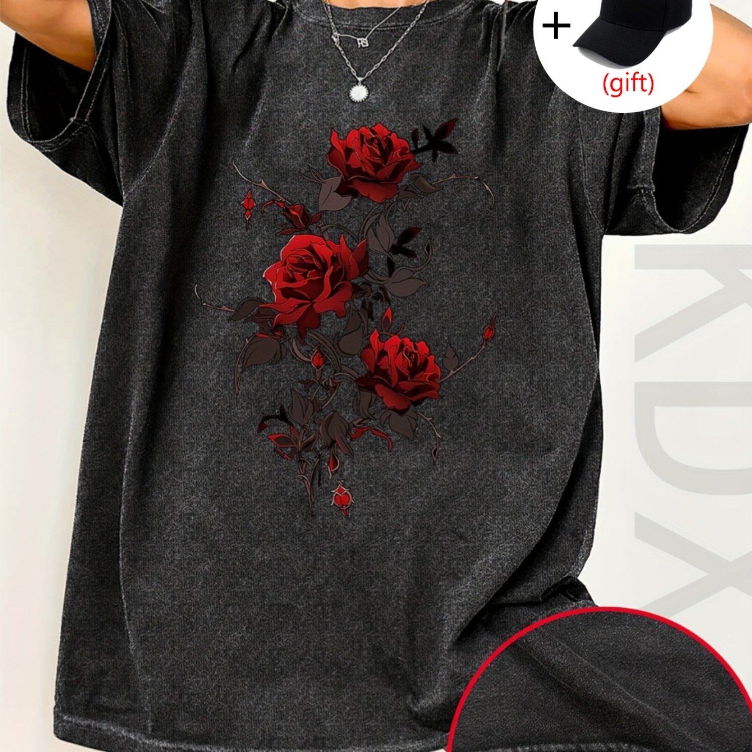 Image of Women's Loose Round Neck Fashion Wash Short Sleeve T-shirt With Flower Print | Vintage Style, Stretch Fabric, Off The Shoulder Collar