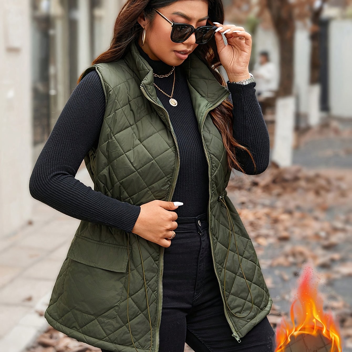 E-shop Damen Steppweste-Jacke in Übergröße mit Kordelzugbund, Cargotaschen, Freizeit, für Winter & Herbst, Weihnachten, Herbstbekleidung,