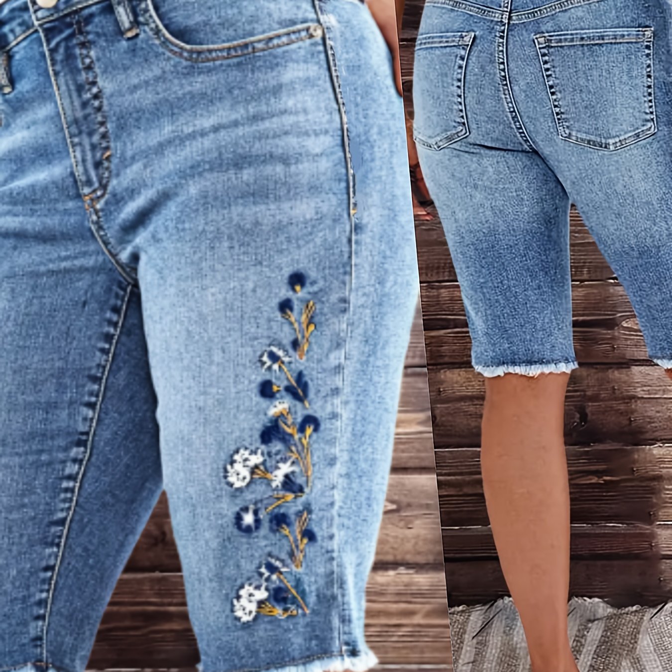 Image of Mid-'s Denim Shorts, Street , Embroidered Front Design, Slim-fit Stretch Fabric, Hem Cuffs, Washed Denim, Women's Knee-length Denim Pants