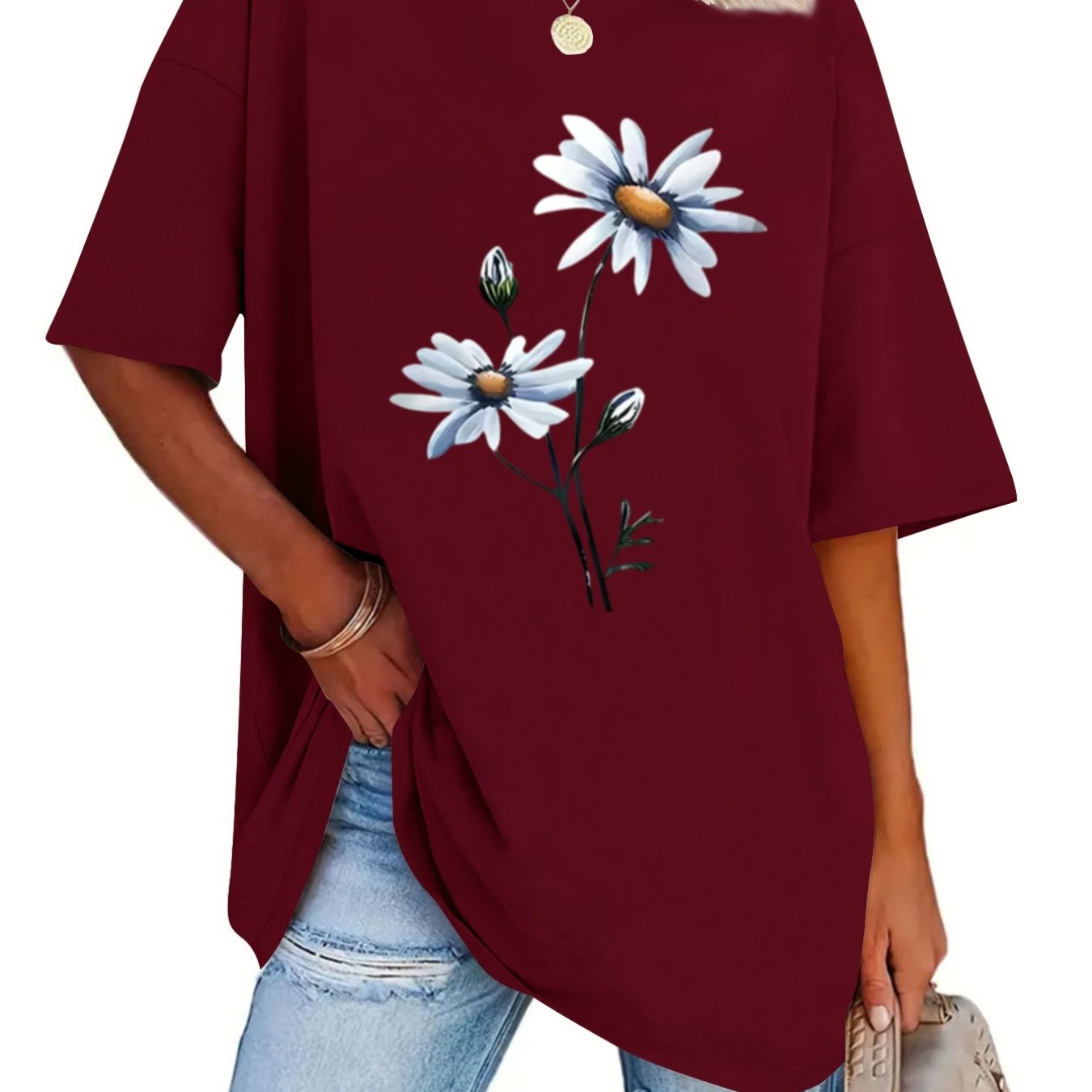 TEMU Plus Size, Spring/summer Short-sleeve T-shirt For Plus-size Women, Featuring And Natural Daisy And Flower Bud Print, Suitable For