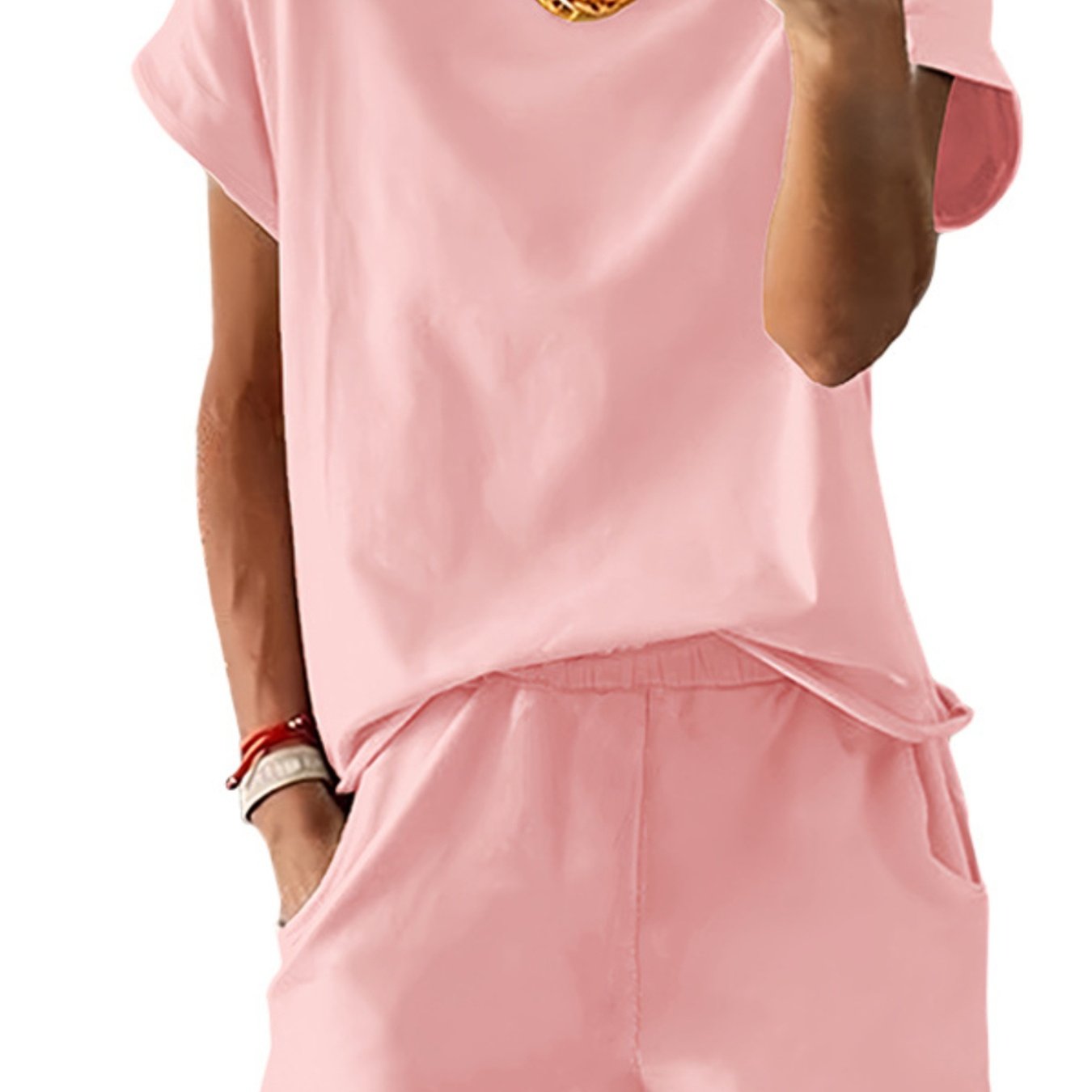 TEMU Women's Summer Solid Color Pants, Casual Loose Round Neck Short Sleeve Shorts Two-piece Set