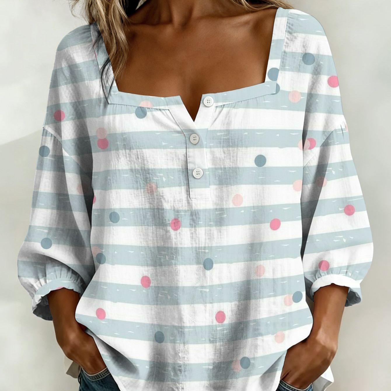 Image of Plus Size, Women' Light Stripe & Blouse Shirt - Square Neck 3 Button Loose Fit Blouse, Print Button-front Top, Machine Washable Suitable For Outdoor Streetwear, , Wardrobe Essential