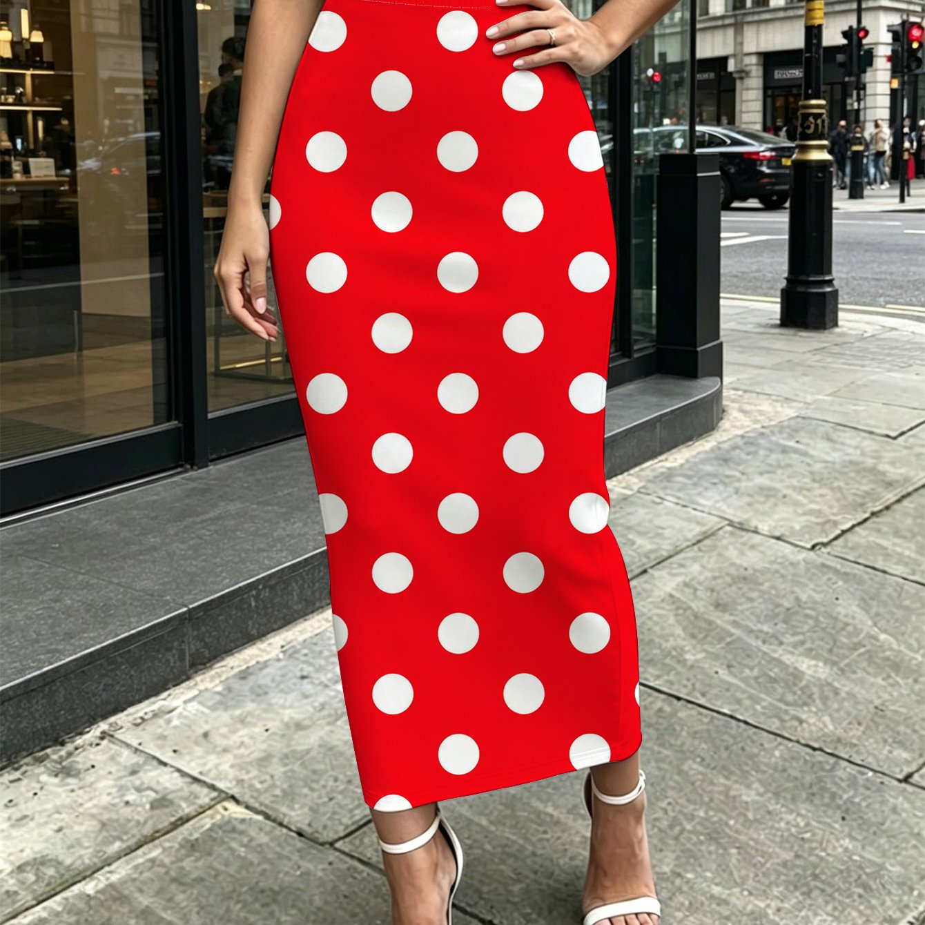TEMU Red White Polka Dot Women's Printed Medium To Long Tight Fitting Hip Hugging Skirt Beach Travel Party Outdoor Casual Wear