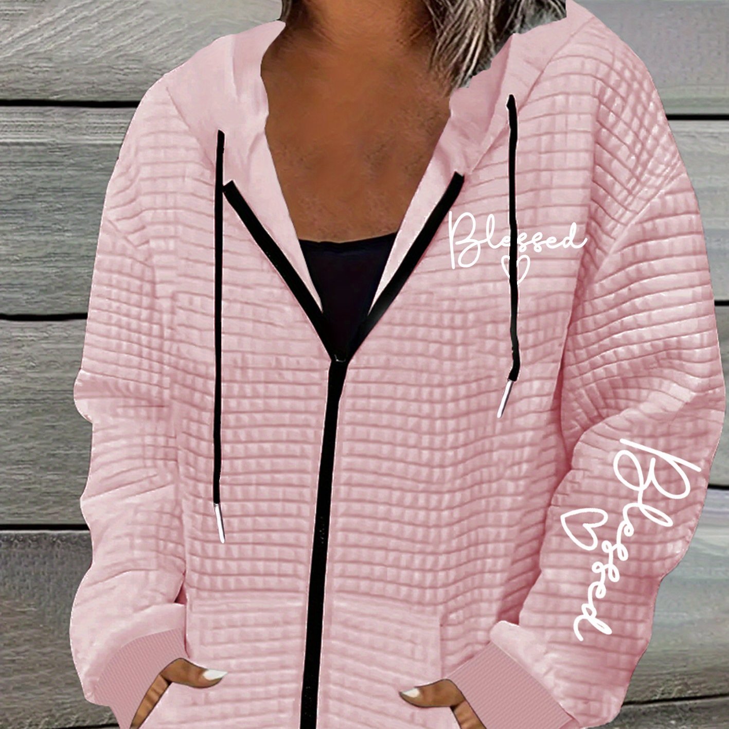 TEMU Fashion Letter Printing, Women's Casual Waffle Zipper Hooded Jacket With Drawstring - Fiber, Machine Washable, Geometric Pattern