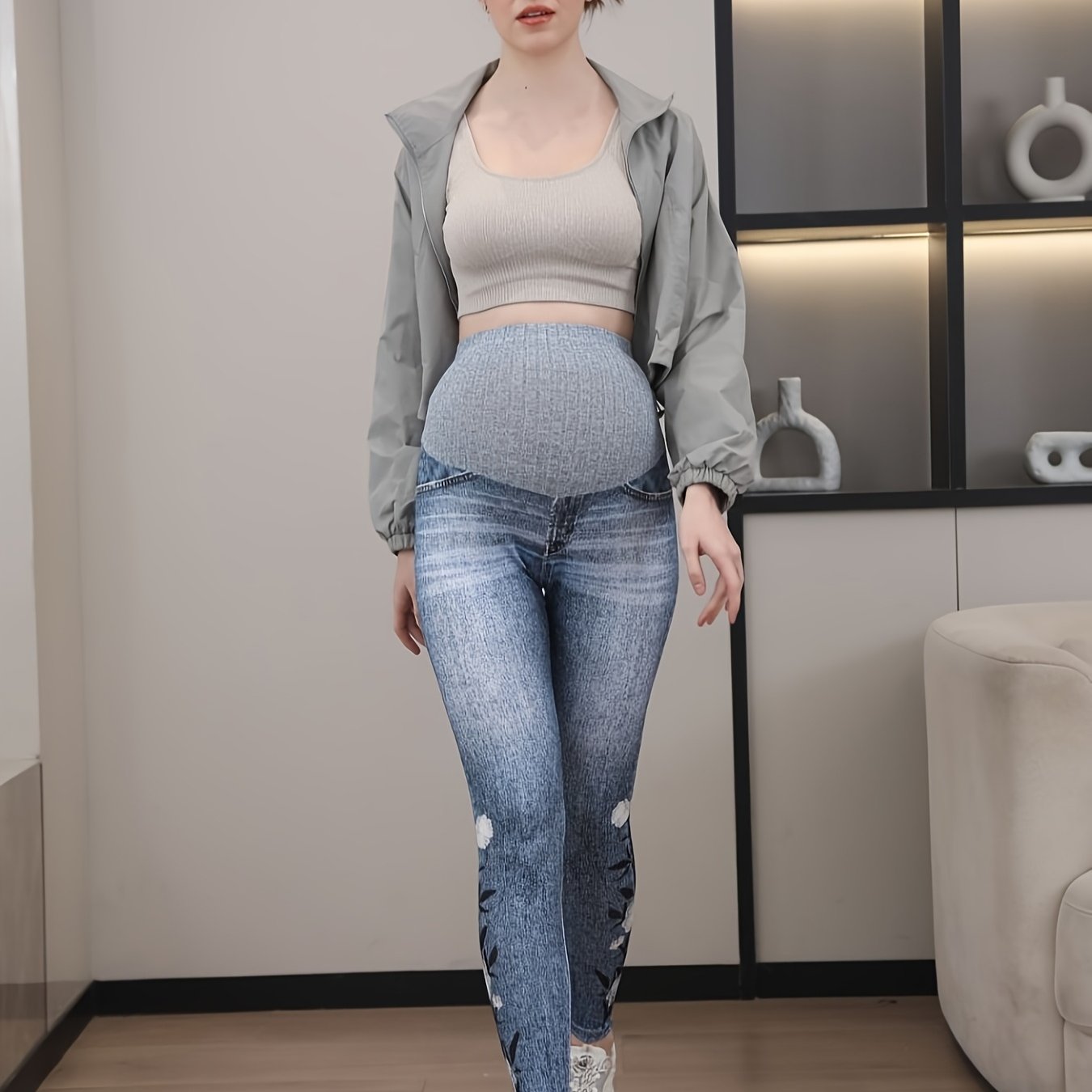 TEMU Stylish Maternity Leggings With A Denim Print And White Rose Pattern On The Calves, Christmas, Halloween