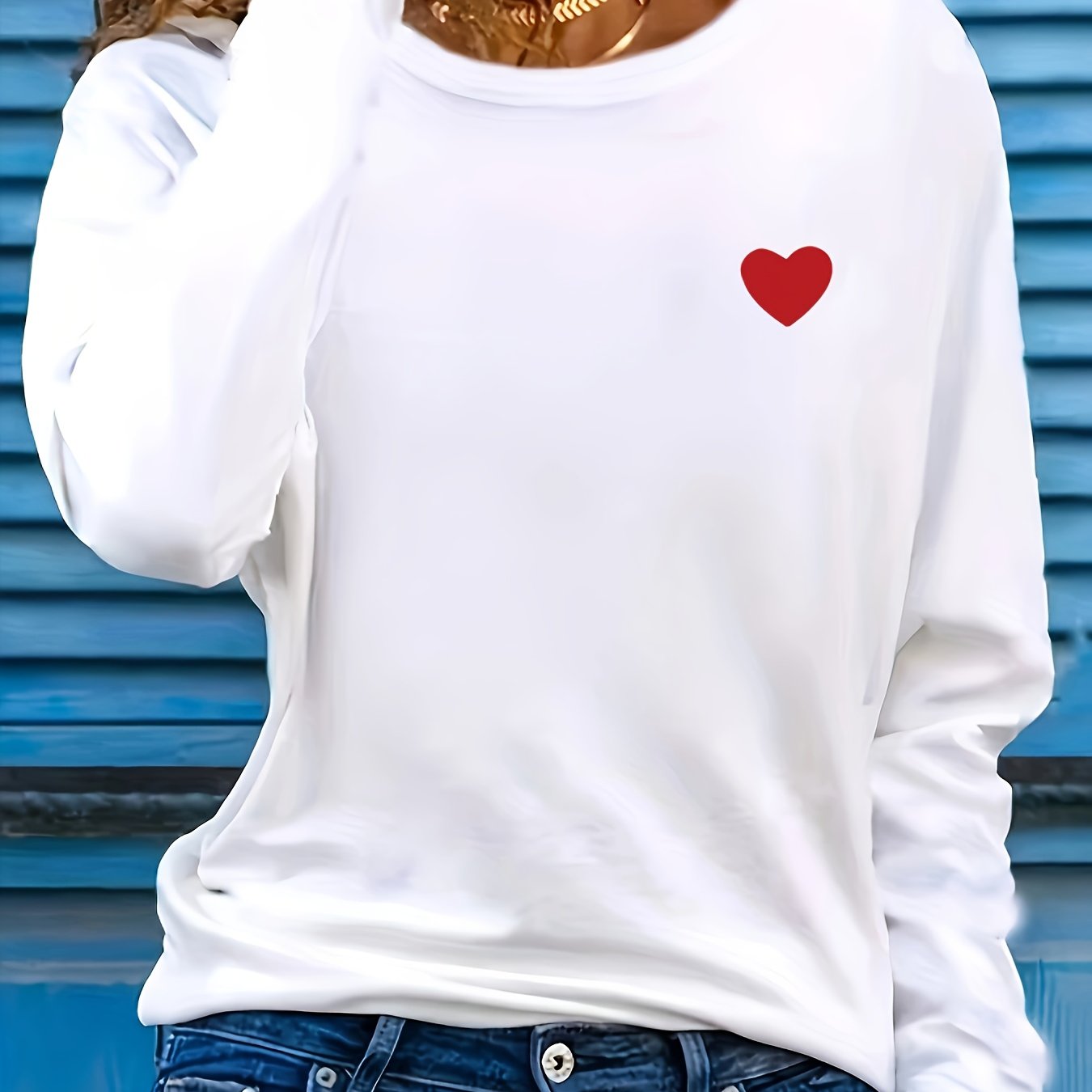 E-shop Damen Bluse mit rotem Herz-Print – Langarm Rundhals T-Shirt, maschinenwaschbares Casual Top mit bequemem Regular Fit, -Stretch-Stoffhemd für