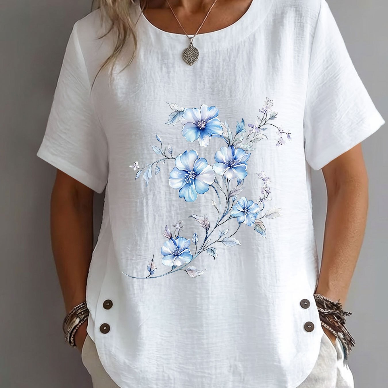 TEMU Spring/summer Women's Top, Watercolor Style, Blue Floral And Branch Leaf Print, Delicate, Elegant, Mature, Casual, Round Neck, Short Sleeve,
