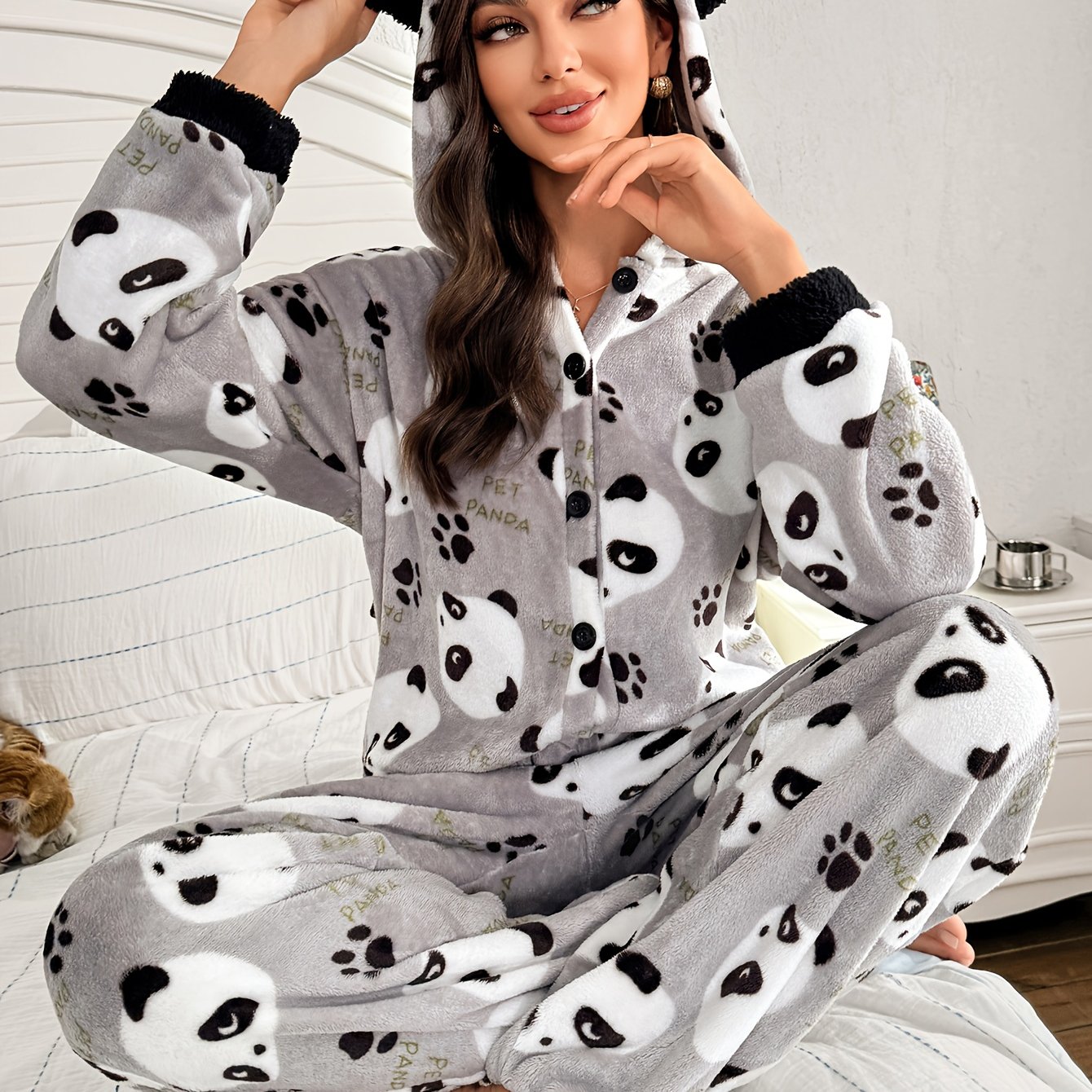 TEMU Cute Ears Decor Hooded Plush Panda Print Women's Onesie Sleepwear, Wear, Bedtime Outfit, Design, Cartoon Print, Soft Fabric, Stretchy Fit, Plush
