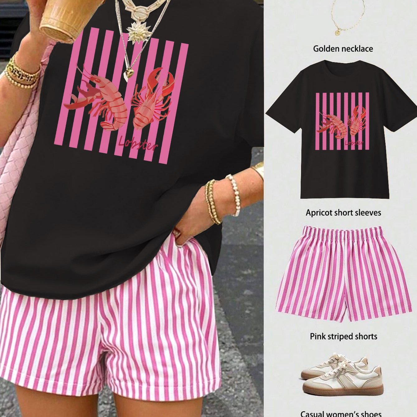 TEMU Women's Short Sleeve Top And Striped Shorts Set With Lobster Print On Pink Stripe