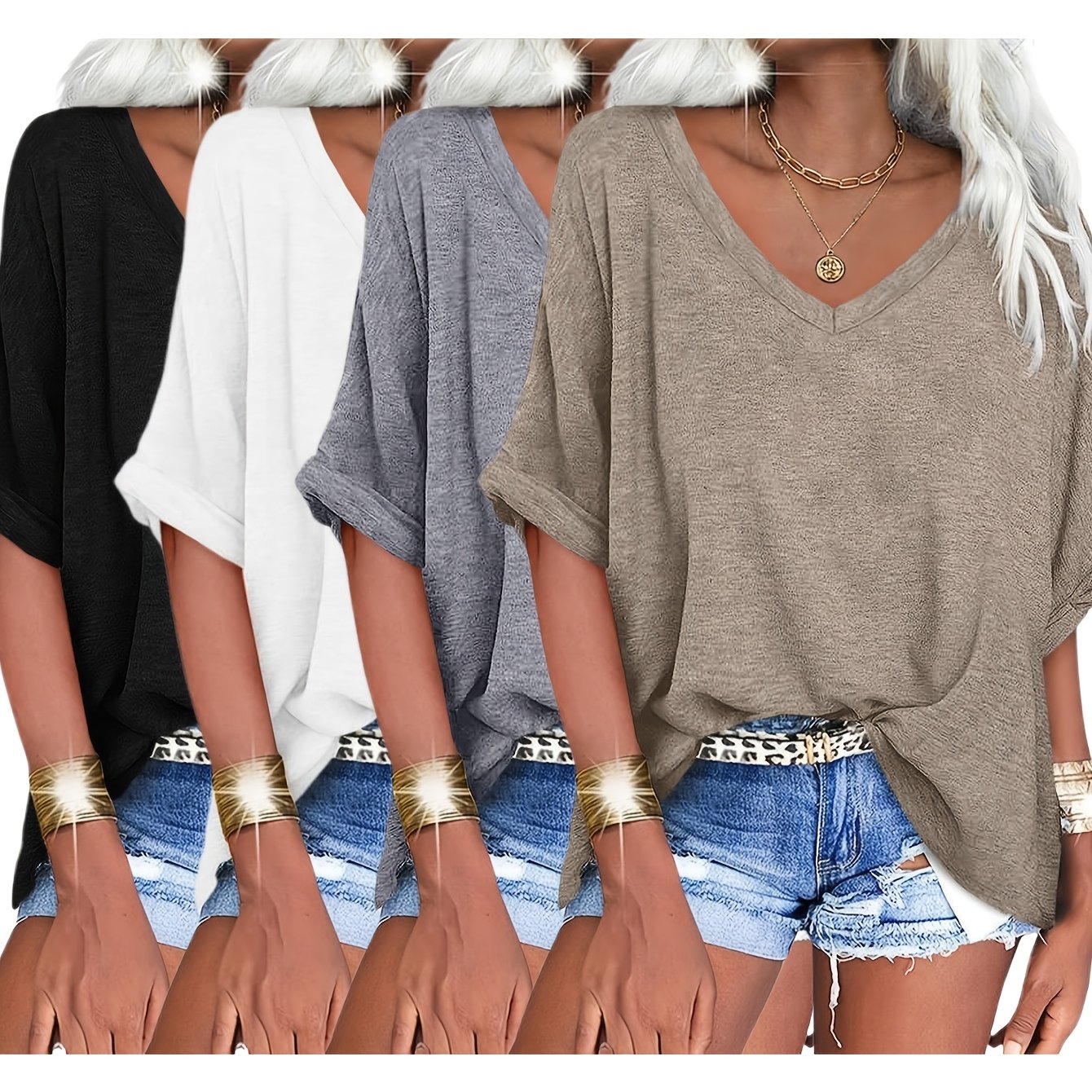 TEMU Oversized 4pcs Set Women's Loose Comfortable Breathable Shirt V-neck Short Sleeve Fashion T-shirt