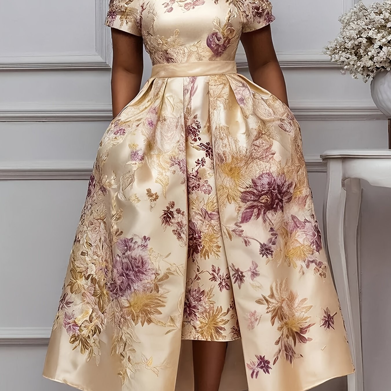 TEMU Plus Size - Elegant, Vintage-print Plus-size Women's Formal Dress, Perfect For Weddings And Banquets