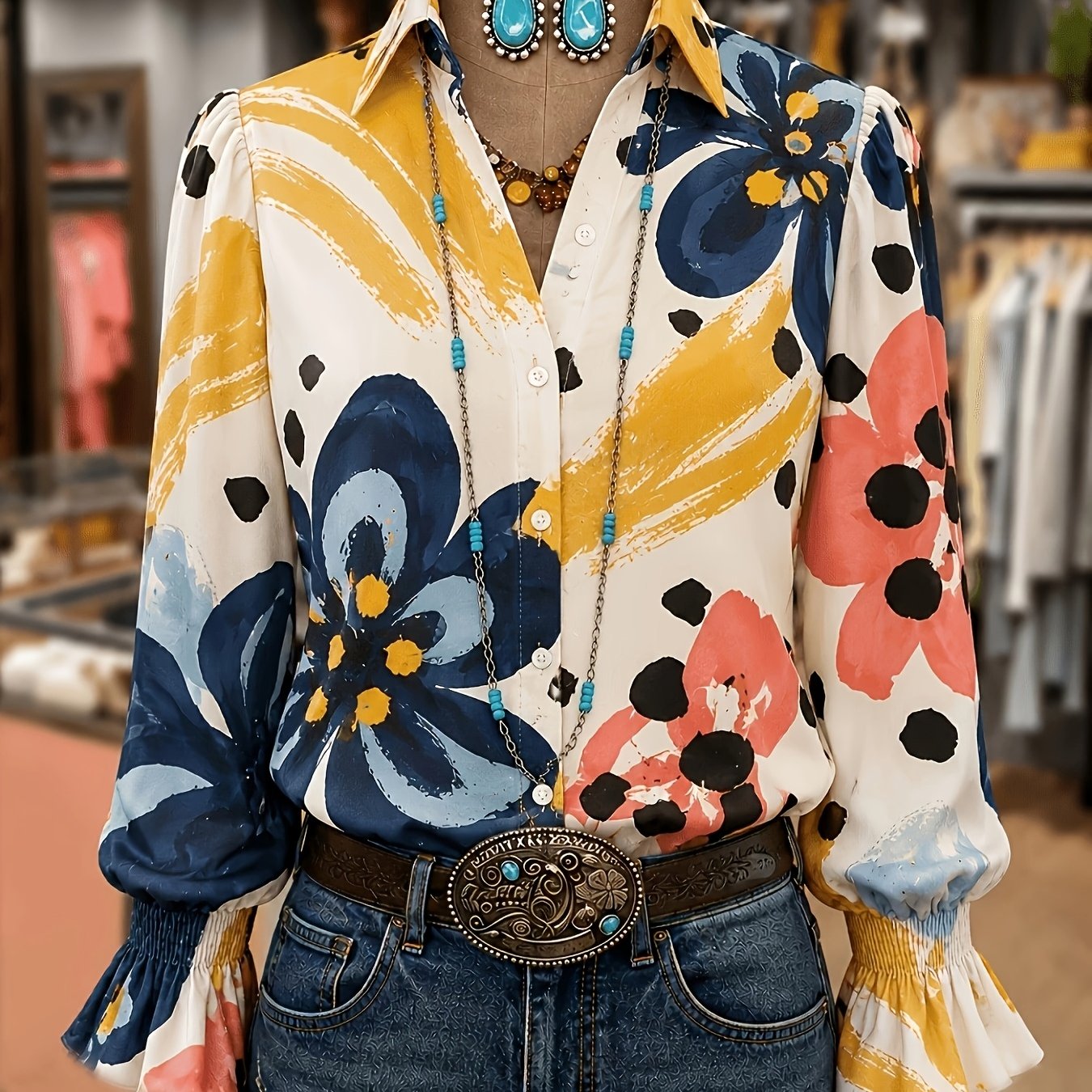 TEMU Elegant Women's Vintage Print Shirt For Spring, Summer, And Autumn, Featuring Vibrant Floral Prints And Flared Sleeves, Suitable For Travel,