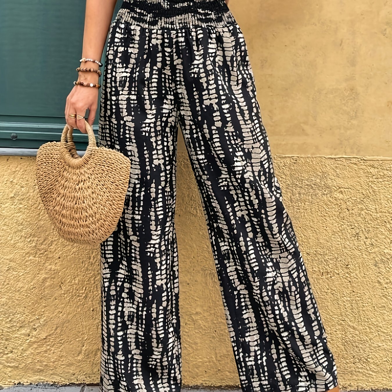 E-shop Lässige Urlaubs-Hosen mit elastischem Bund, Kordelzug, abstraktem geometrischem Print, hoher Bund und weitem Bein für Damen, Frühling und Sommer