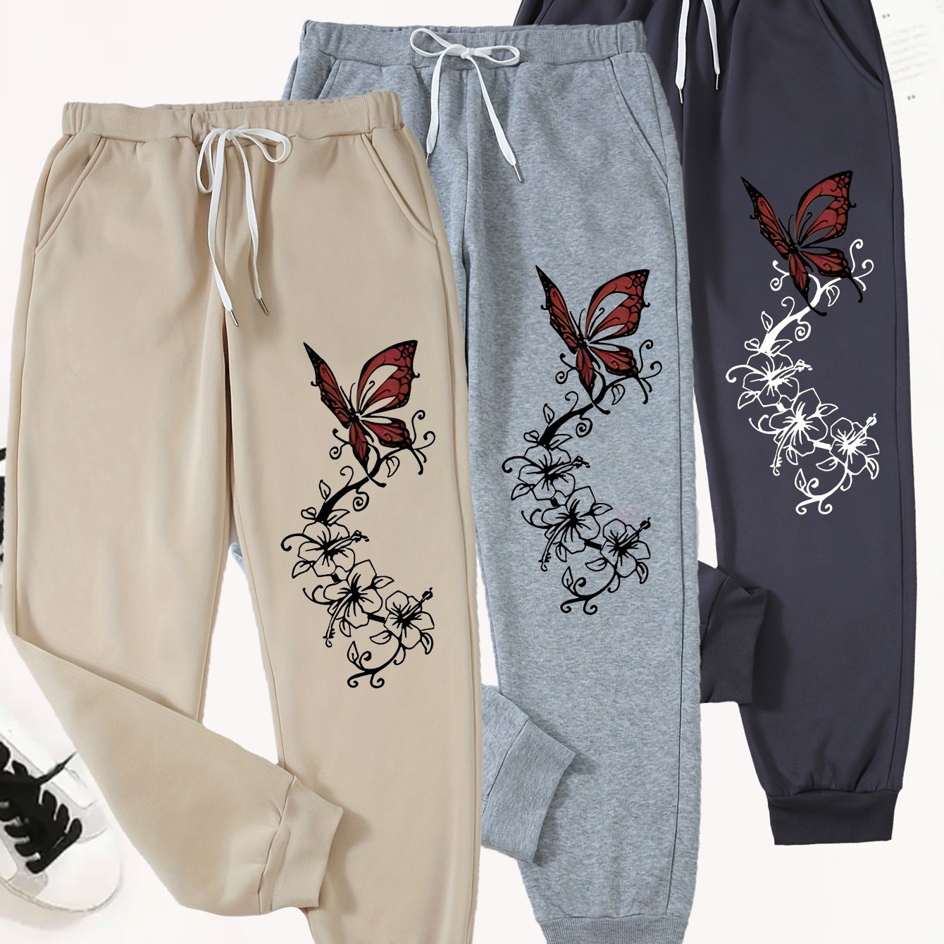 TEMU 3pcs Elastic Waistband Waist-bound Sweatpants -100% Polyester, Comfortable All Season, Slightly Elastic, Fabric, Print-machine Washable,